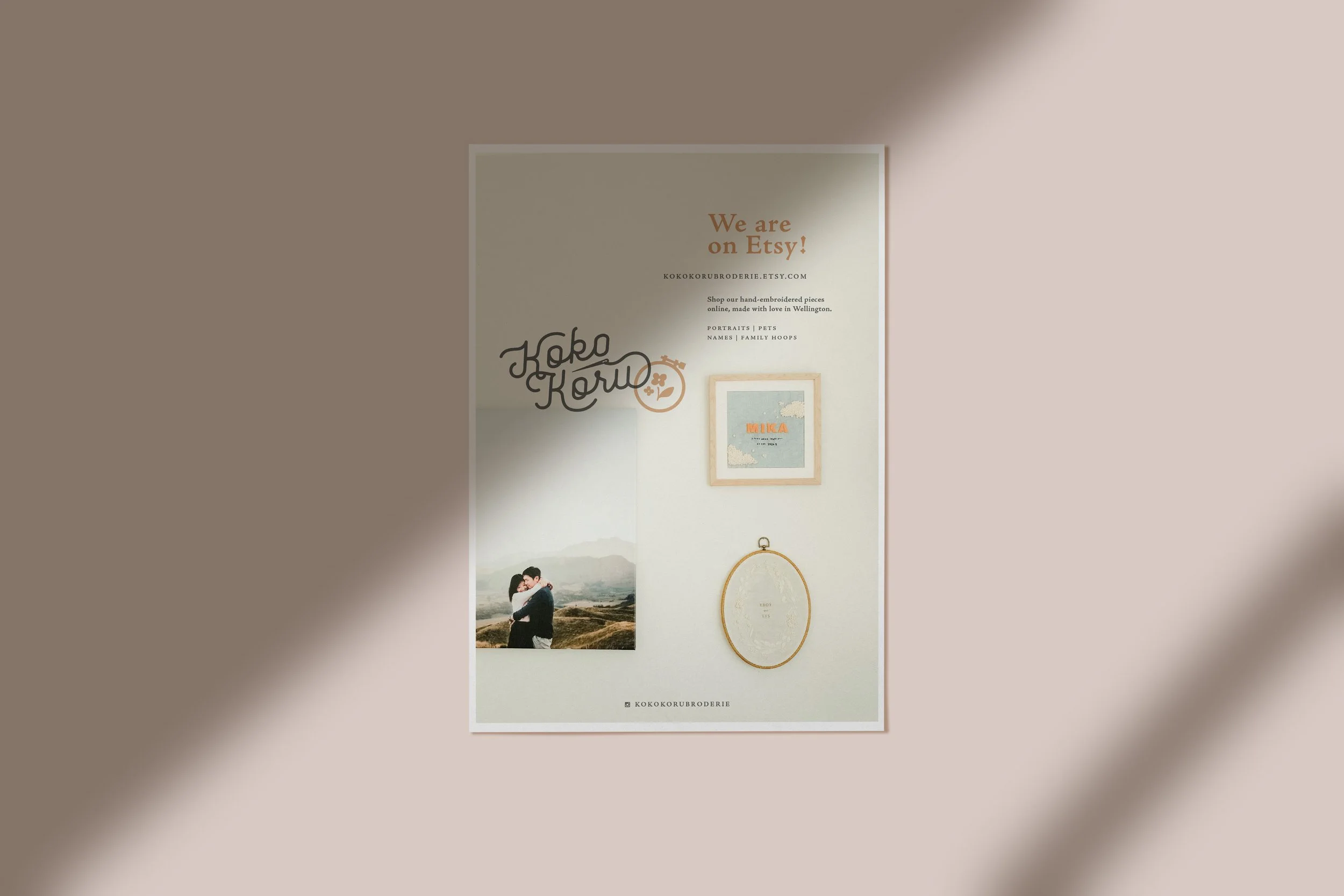 Brand identity poster displaying the Kokokoru Broderie logo, visual elements, colour palette, and embroidered product photography
