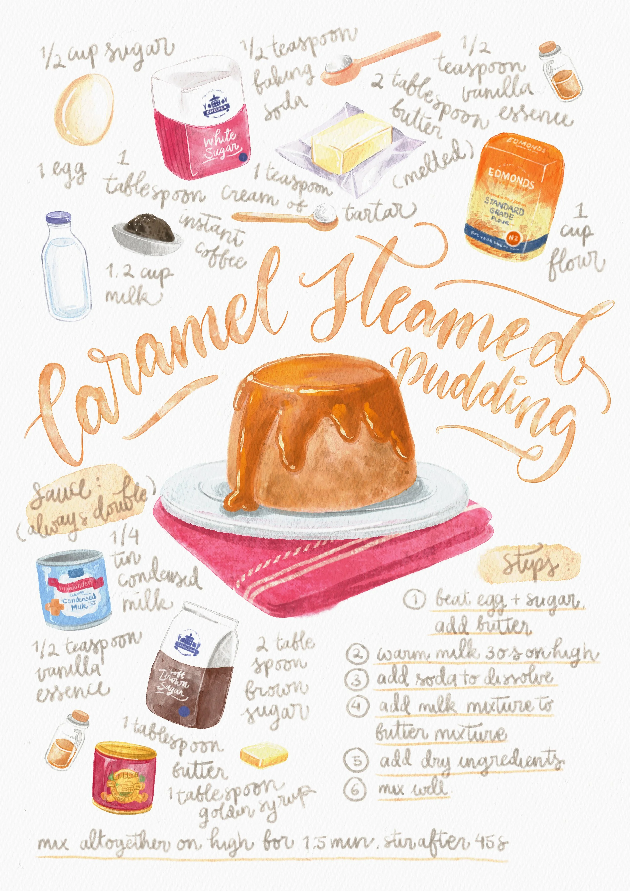 Bespoke hand-drawn illustration of a caramel steamed pudding family recipe featuring Chelsea sugar, Nestle condensed milk, Edmond's flour and NZ golden syrup