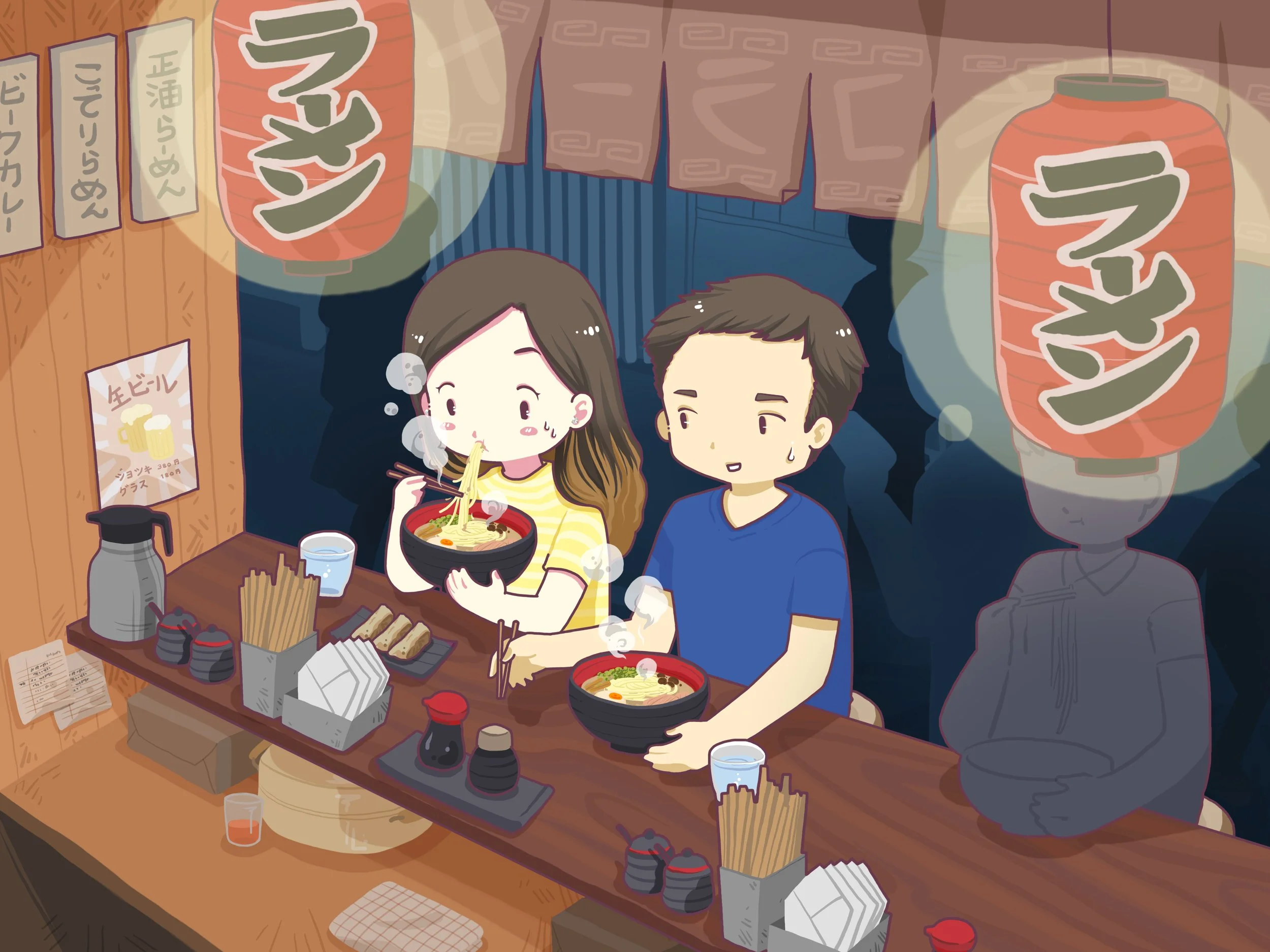 Custom illustration artwork of a couple having a ramen date on a street stall