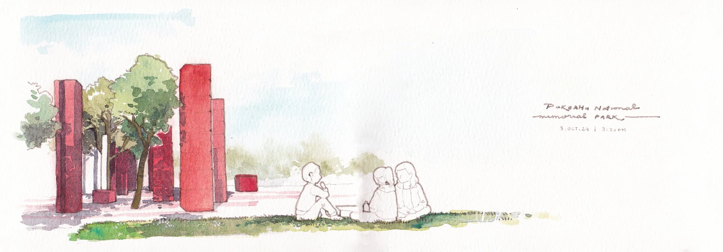 Hand-drawn city sketch featuring soft artistic textures of Pukeahu War Memorial in Wellington City showing people picnic during summer days