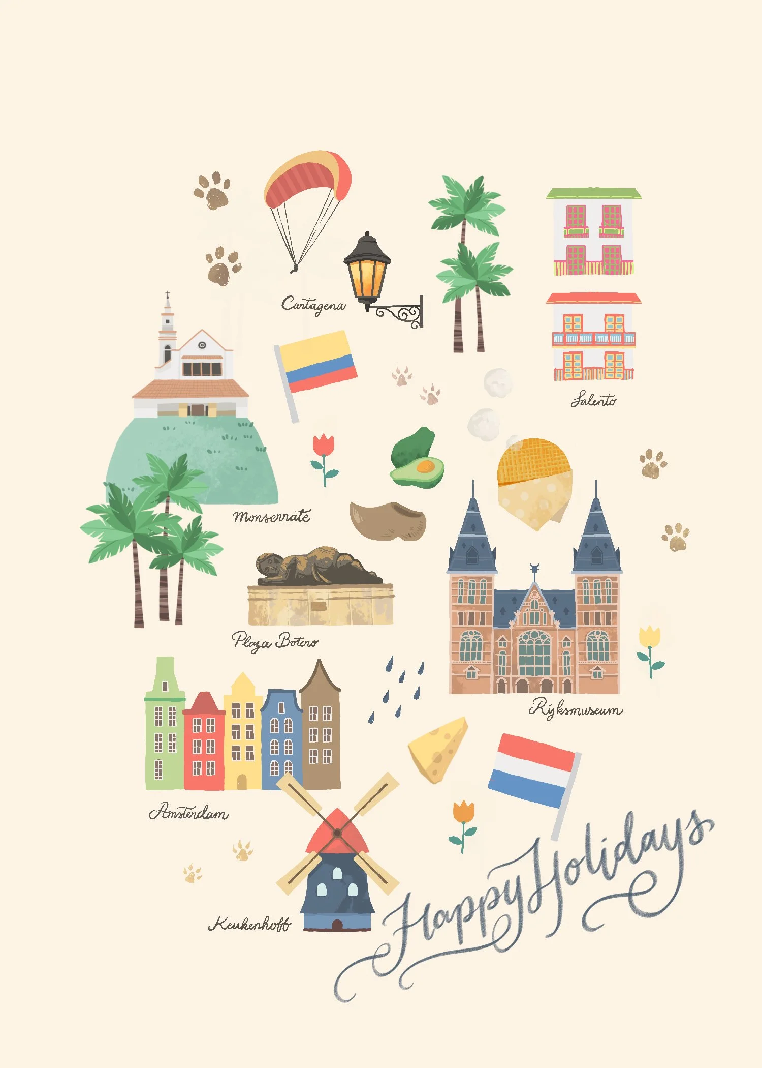 Custom illustration artwork for Christmas holiday card featuring the Netherlands, Amsterdam, Keukenhof, Rijksmuseum, Salento, Cartagena, Monseratte and Plaza Botero