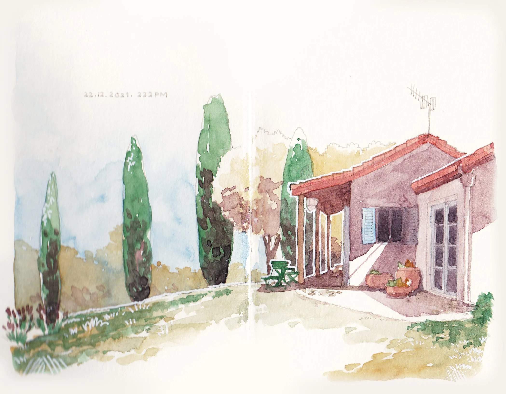 Urban sketch illustration capturing the atmosphere of tuscany feel Hawkhill Cottage in Napier, NZ