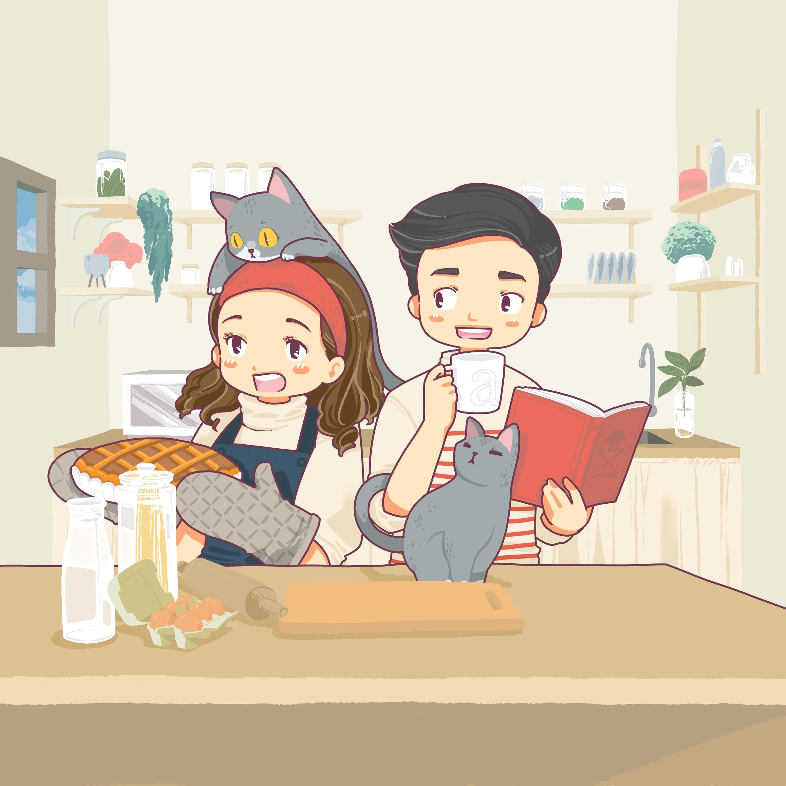 Custom illustration artwork created as an anniversary gift featuring a couple cooking and baking together while playing with both of their kittens in a cozy home kitchen