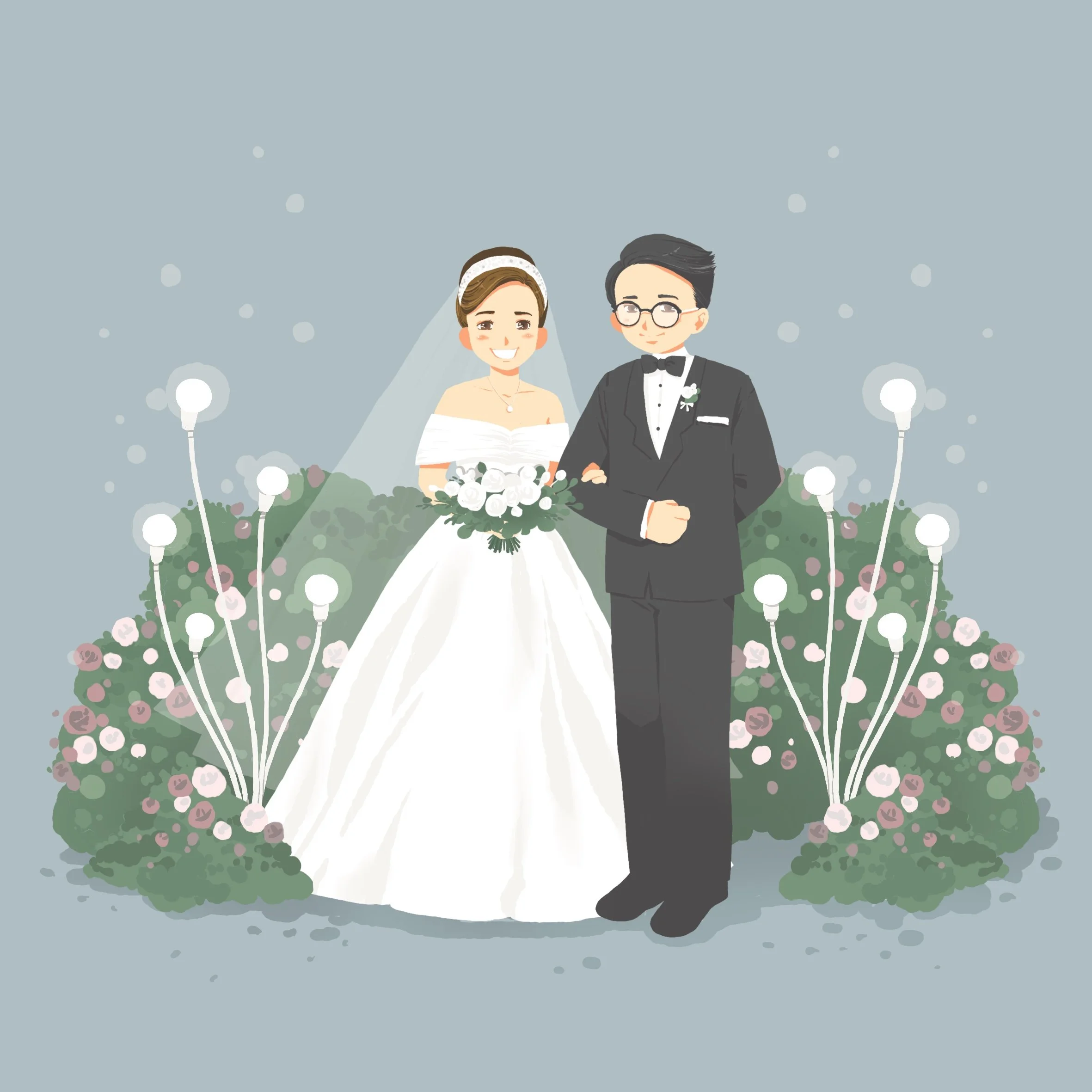 Custom illustration artwork created as a wedding gift for a family member featuring the couple in wedding dress and suit in Surabaya, Indonesia