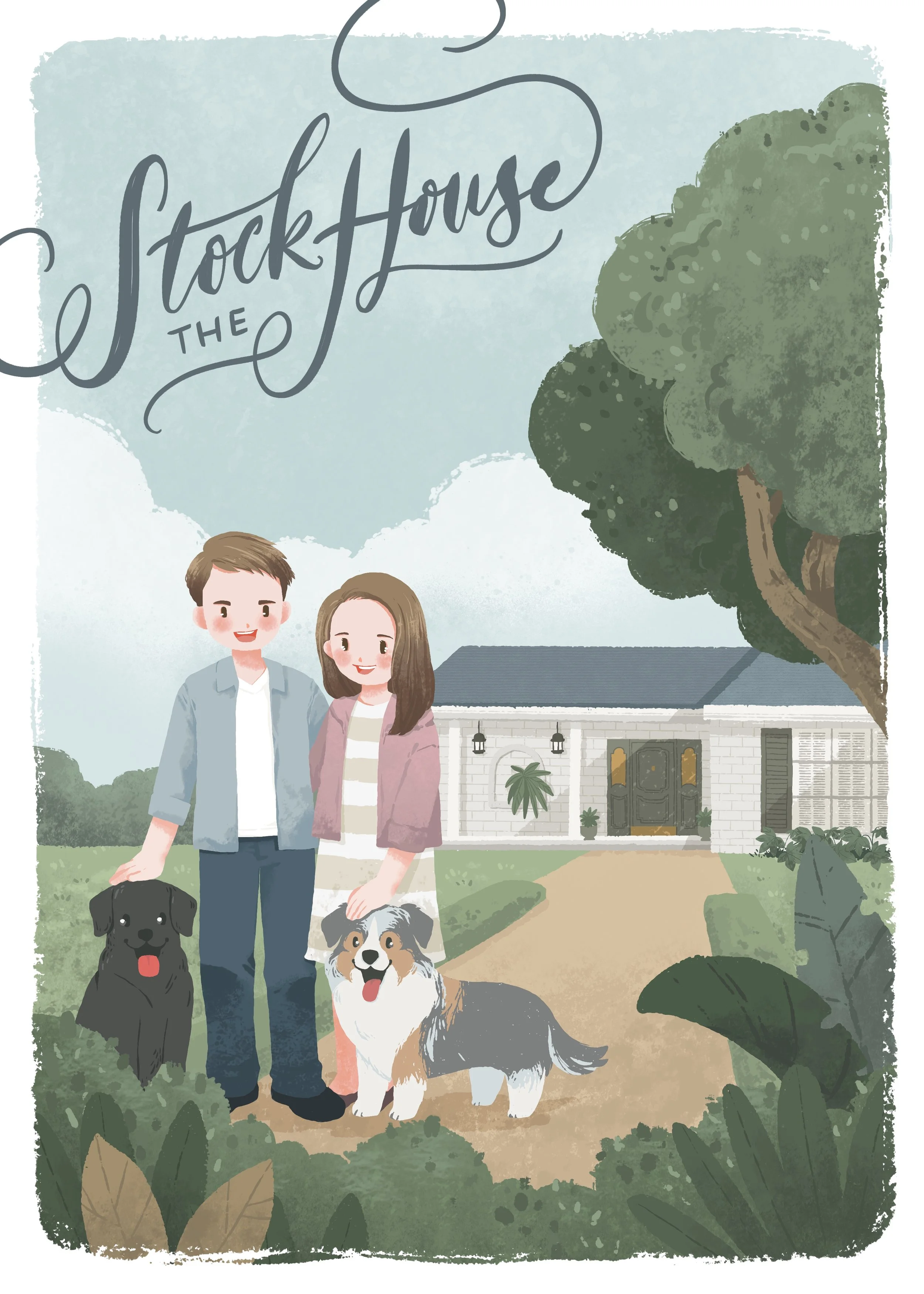 Housewarming gift personalized artwork featuring the the family pet, the couple and the front of the house