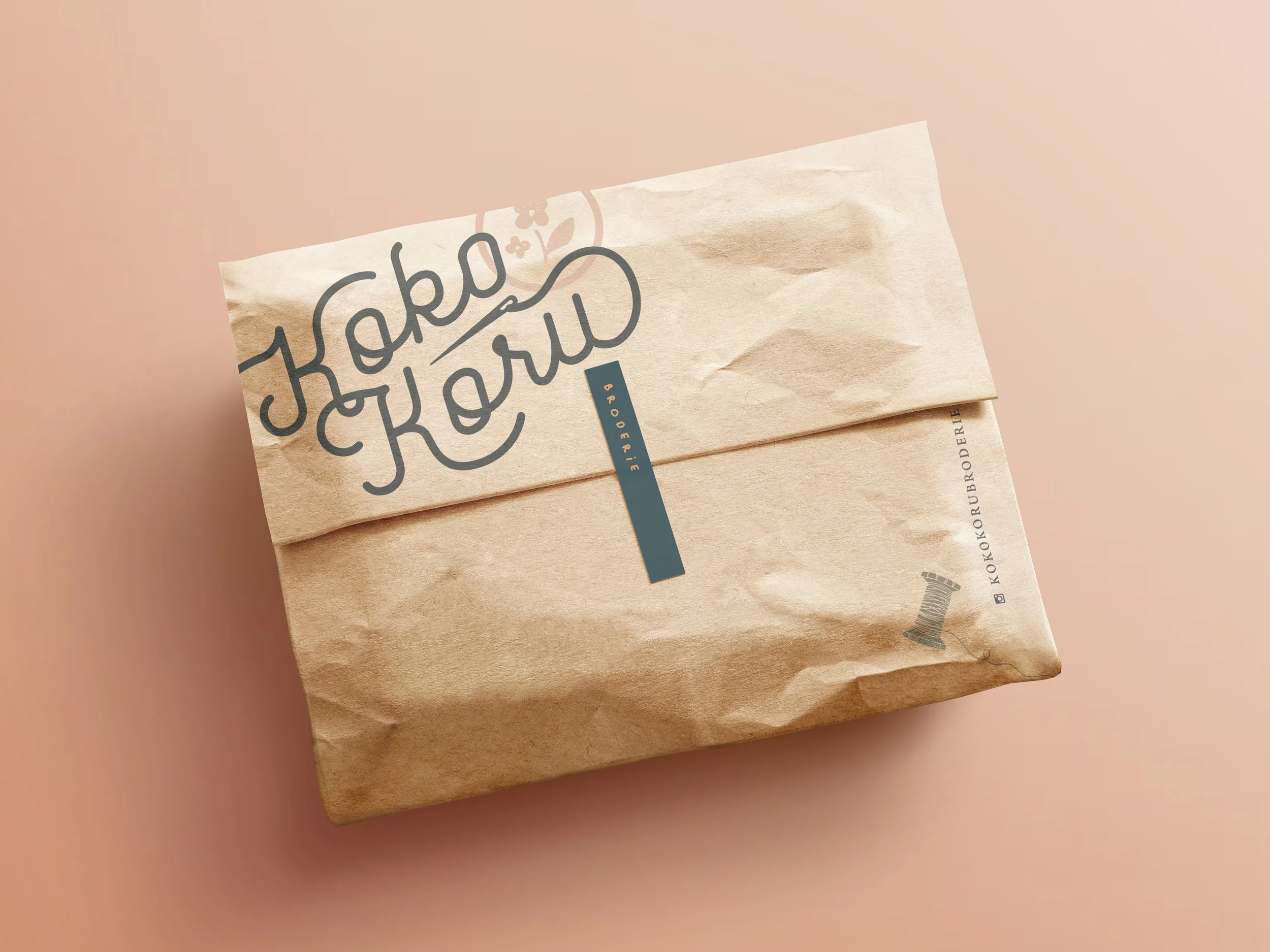 Brand identity presentation featuring a handcrafted logo, stationery, colour palette, typography, and branded packaging for a handmade embroidery business.