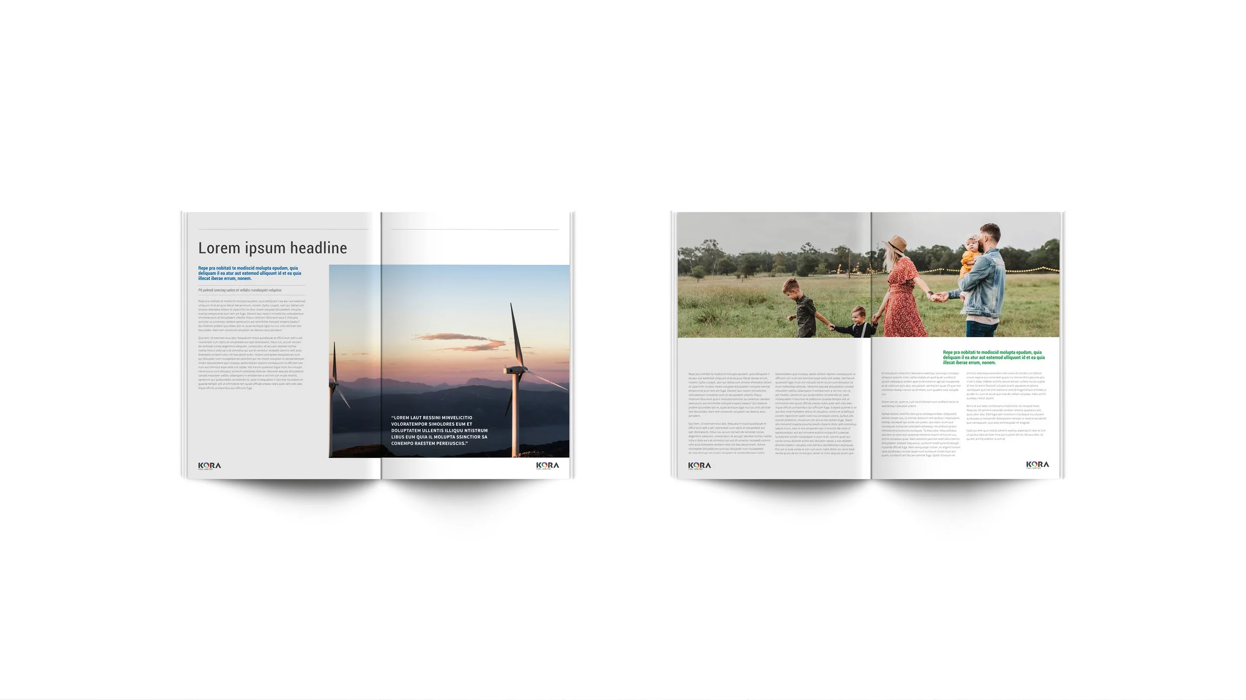Editorial layout for Kora showcasing balanced page composition, readable typography, and illustrated spreads