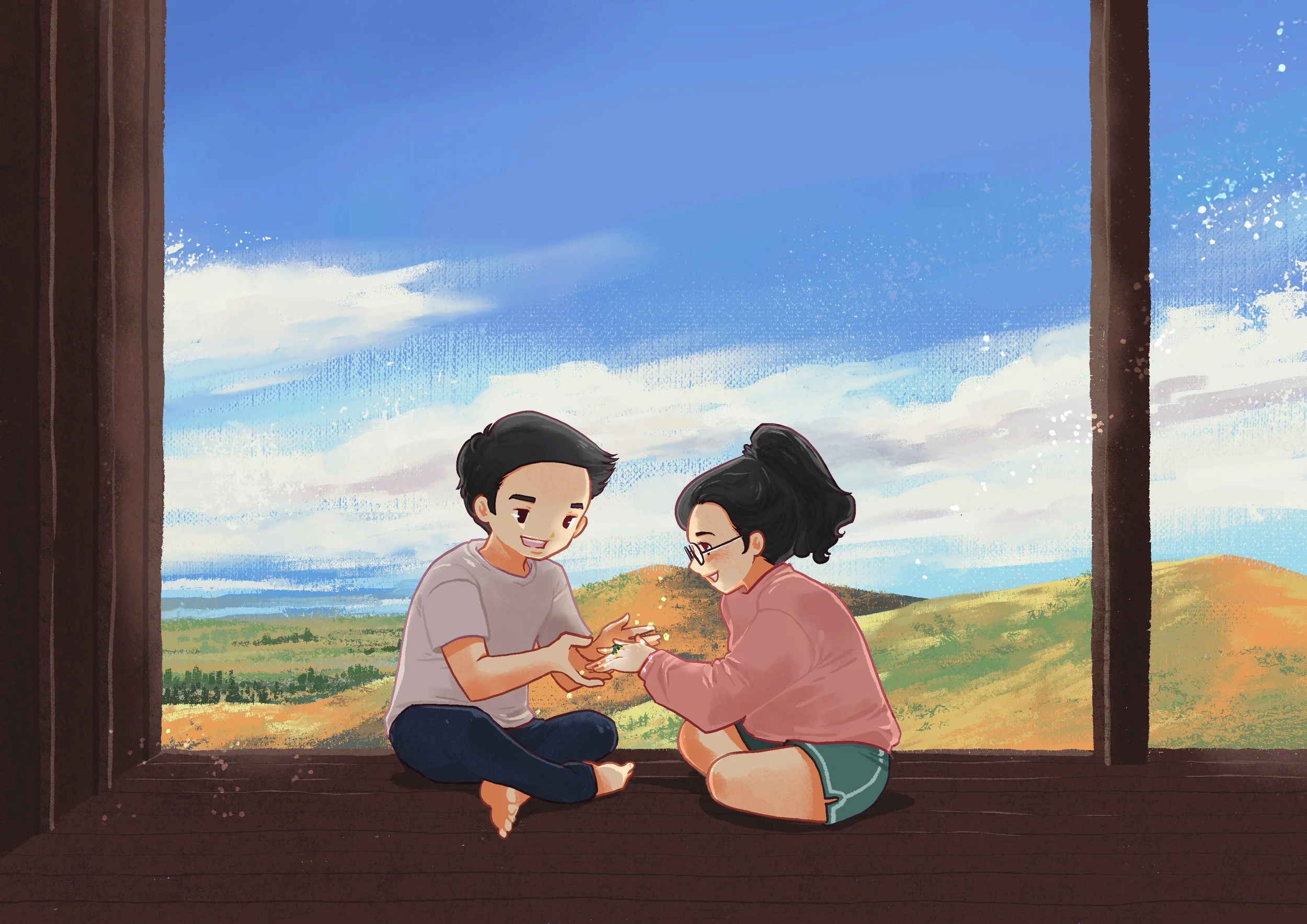 Custom illustration artwork of a mountain scenery with a couple proposing memory