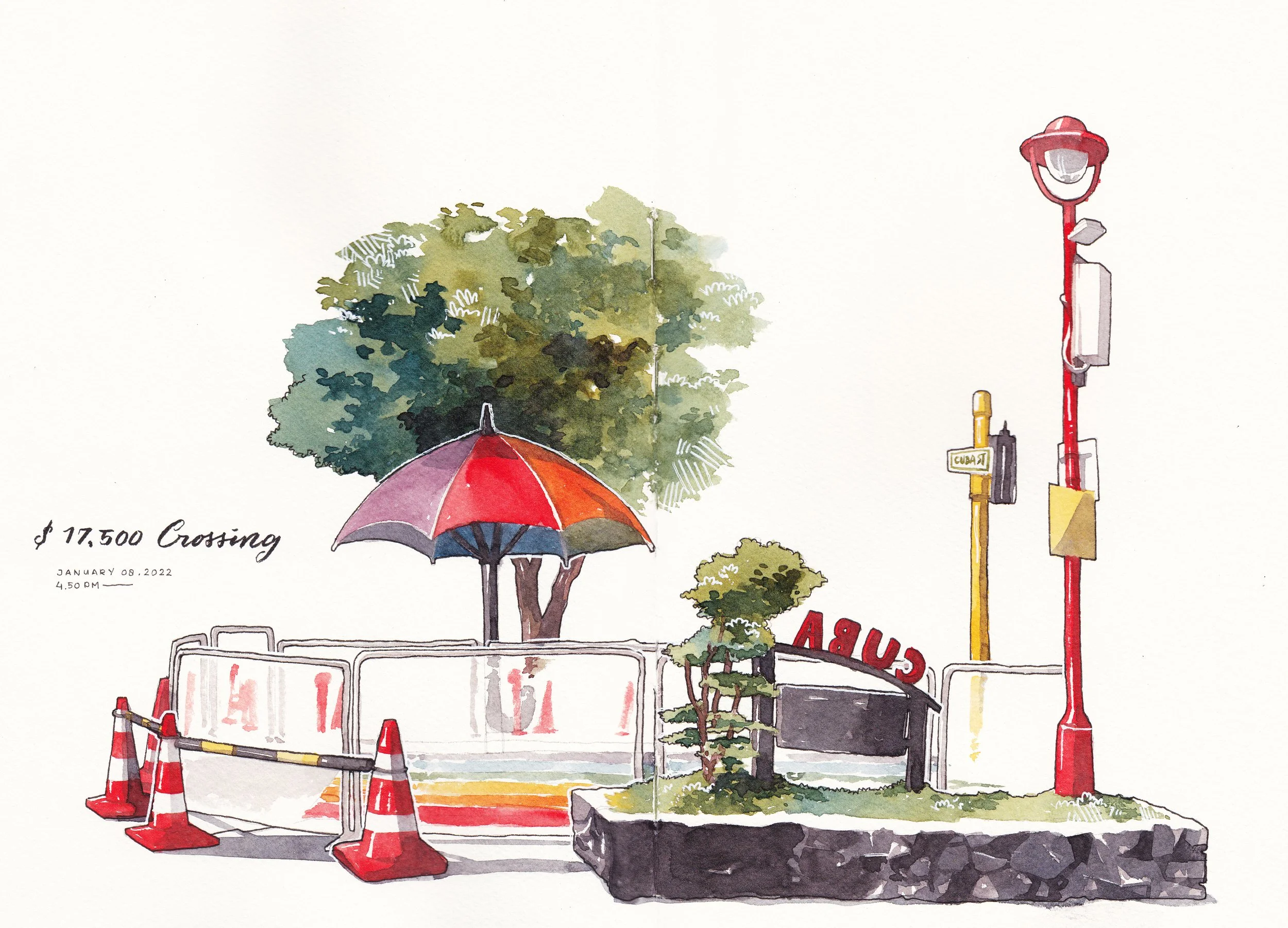 Custom architectural sketch of a Cuba St Rainbow Crossing scene with fine linework