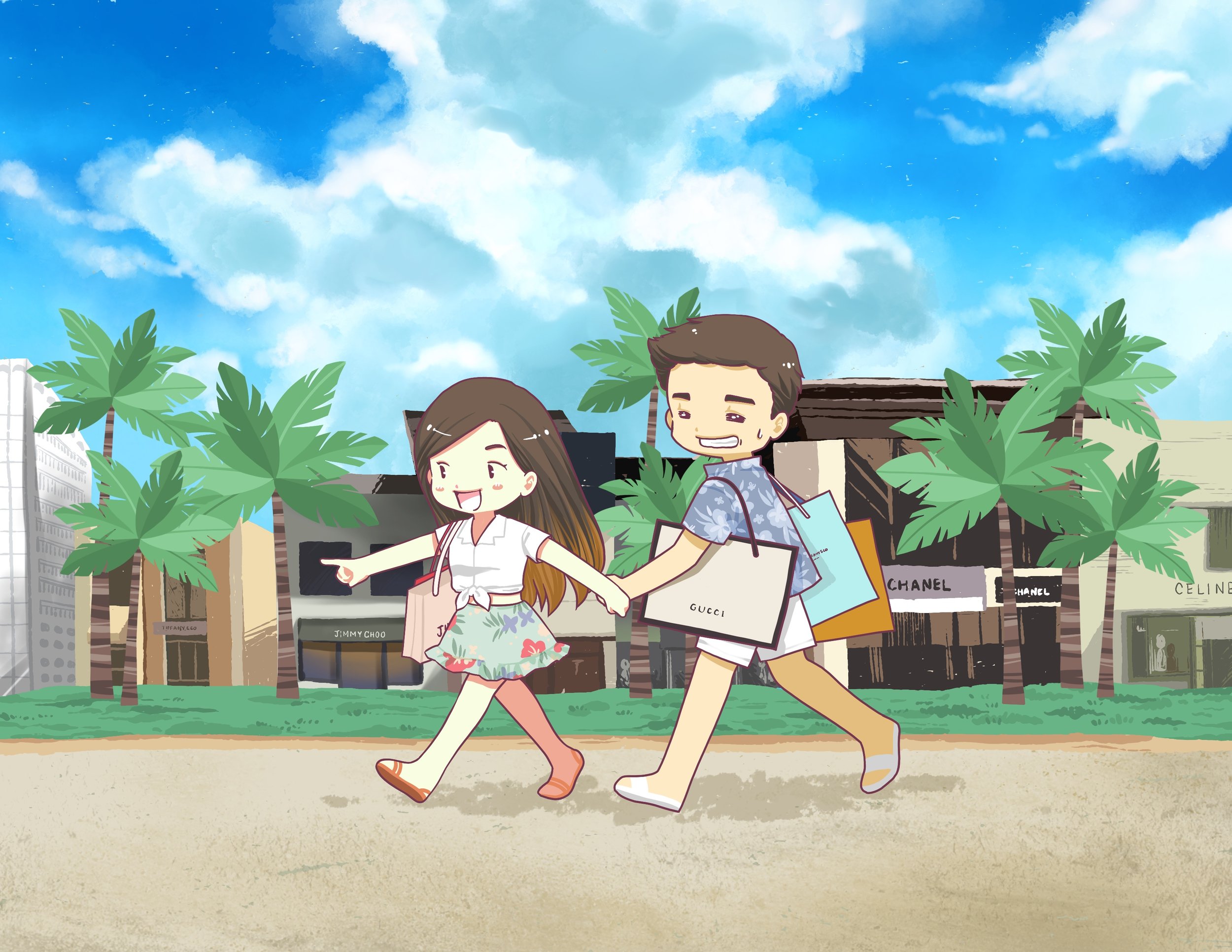 Custom illustration capturing special moments of a couple travel