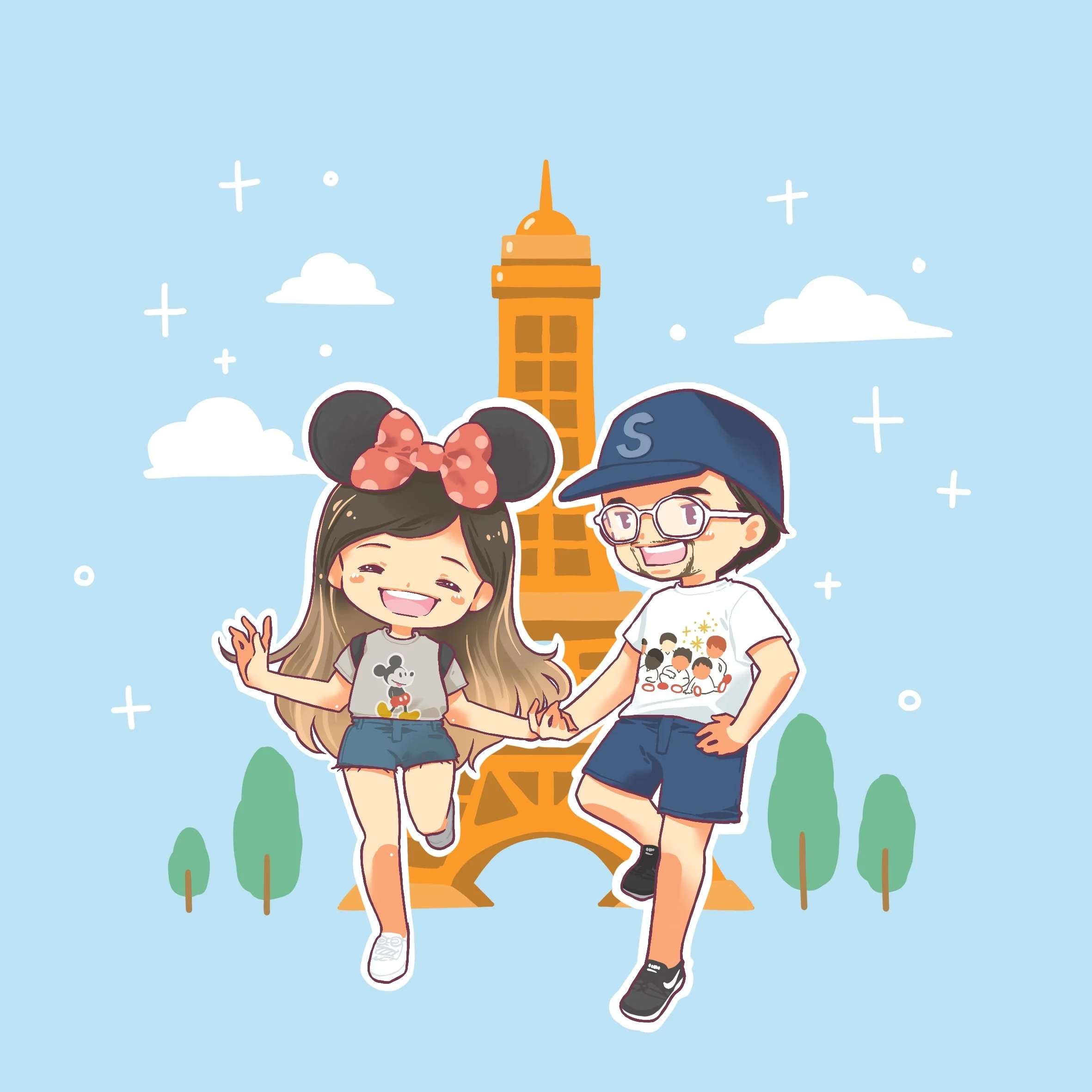 Custom illustration artwork of a couple travelling to Disneyland Paris wearing a Mickey Mouse hat and tshirt featuring Eiffel Tower in the background
