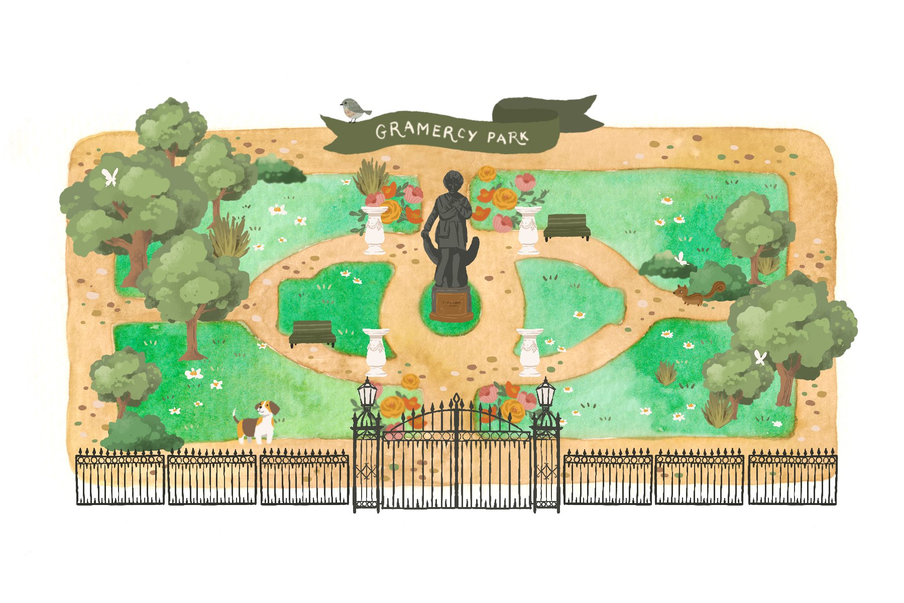 Bespoke hand-drawn illustration of Gramercy Park in residential area in New York
