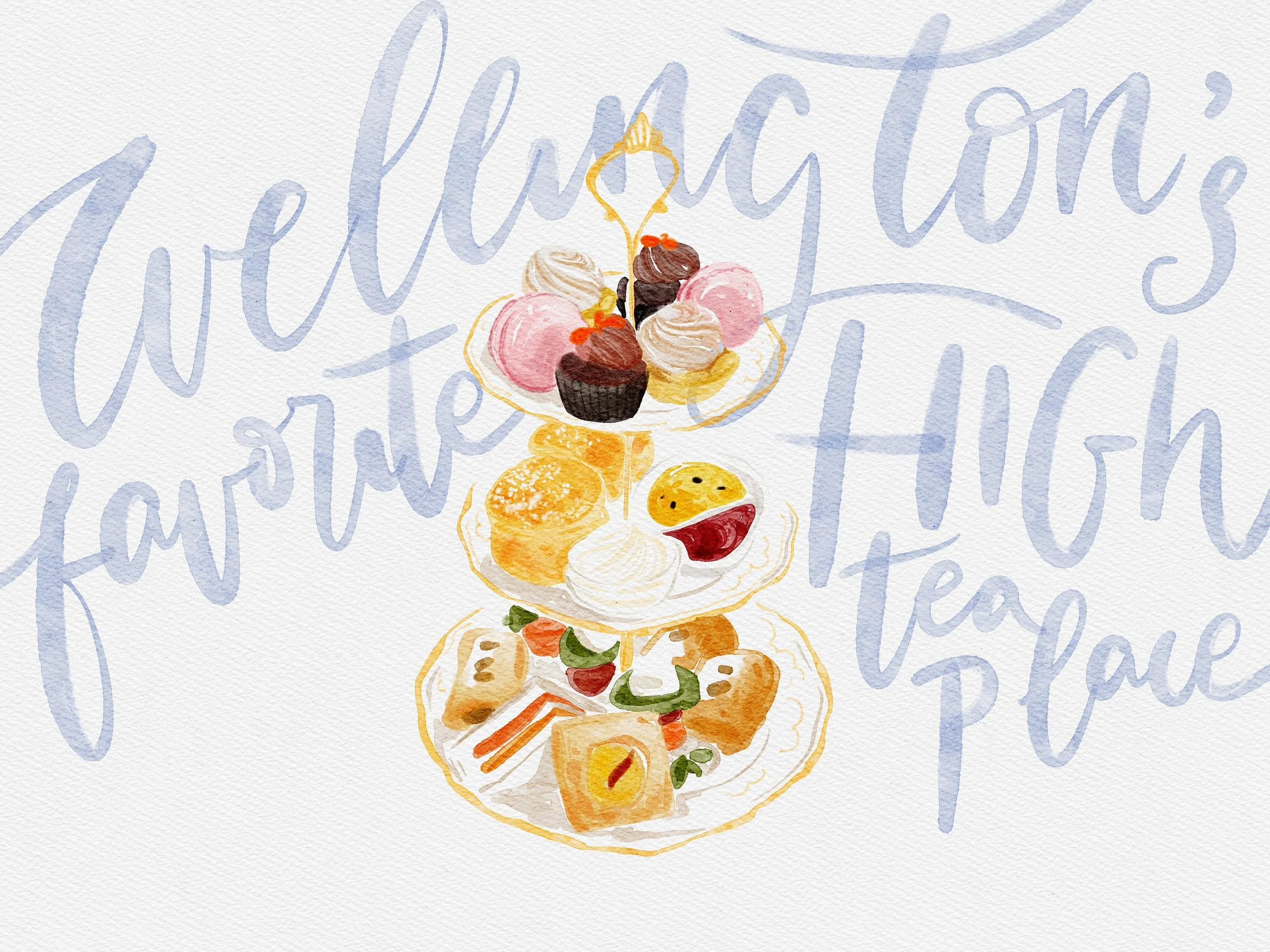 Bespoke hand-drawn illustration for a high tea cafe in Cuba St, Wellington, featuring a three-tier macaron, sandwiches, scone, cupcakes and pastries