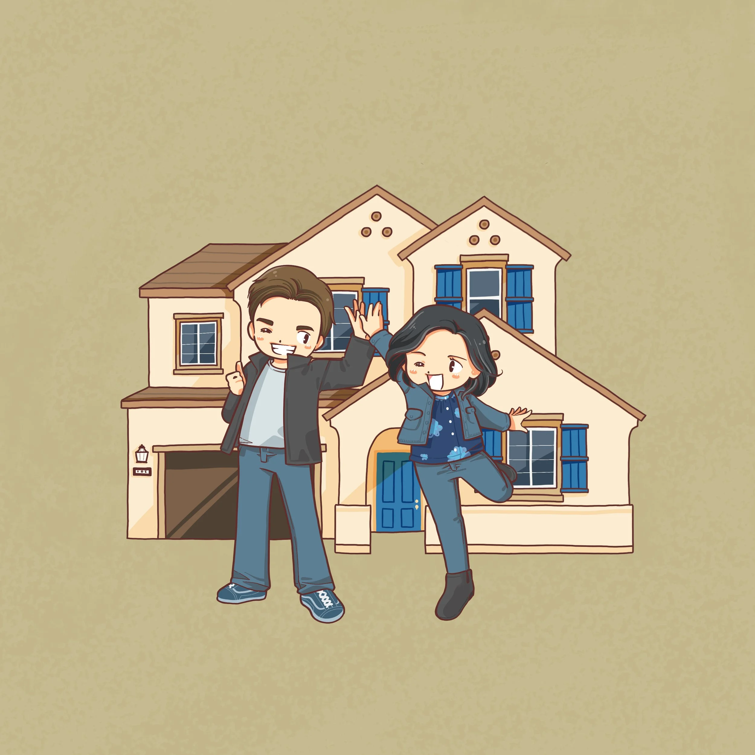 Custom illustration artwork of a couple and their first house