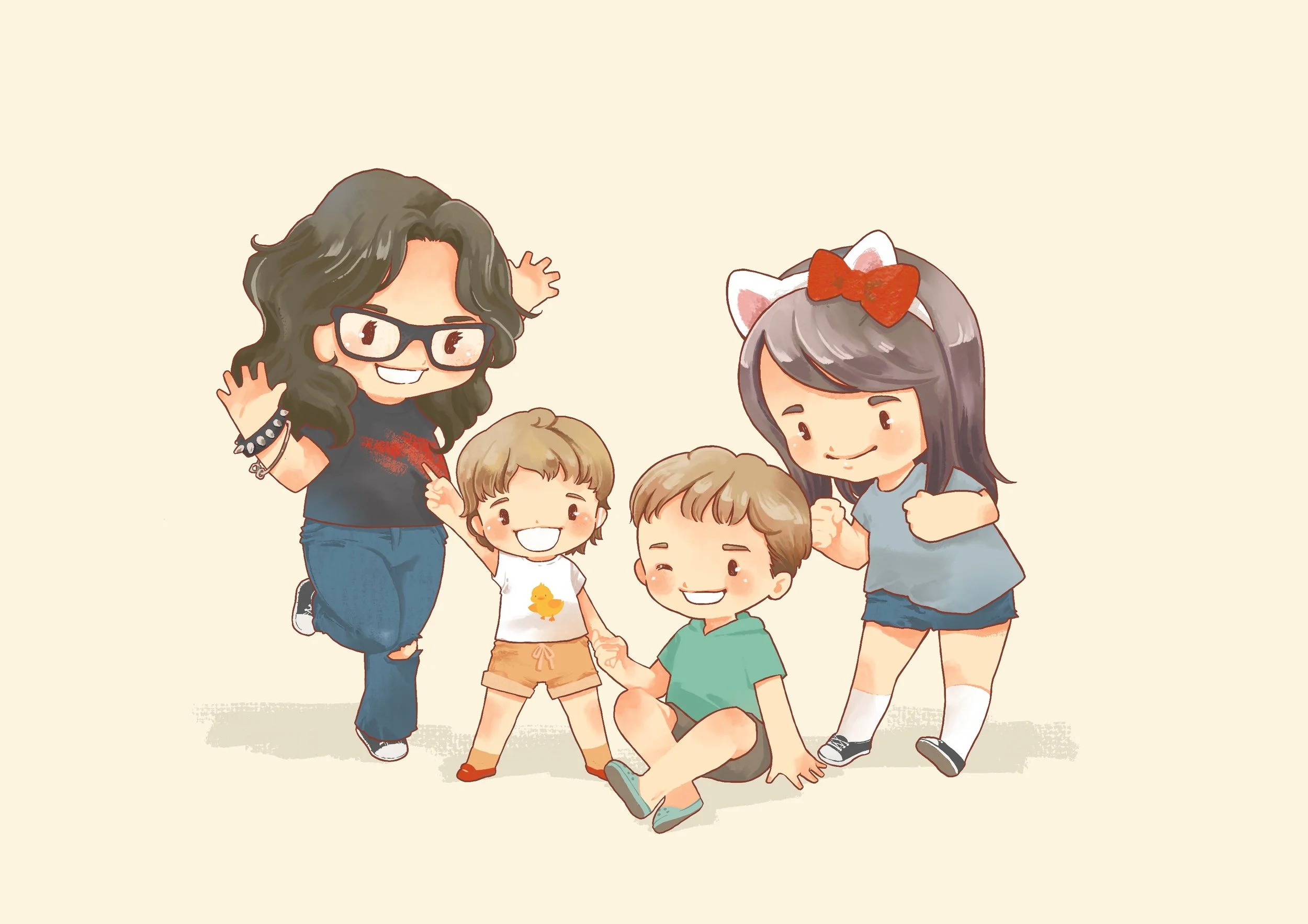 Bespoke hand-drawn illustration of siblings of the family playing with each other