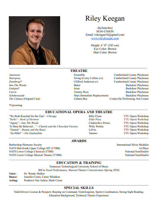 Resume of Riley Keegan with a photo, personal details, theatre experience, education, awards, and skills.