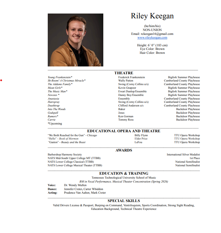 Resume of Riley Keegan with a photo, personal details, theatre experience, education, awards, and skills.