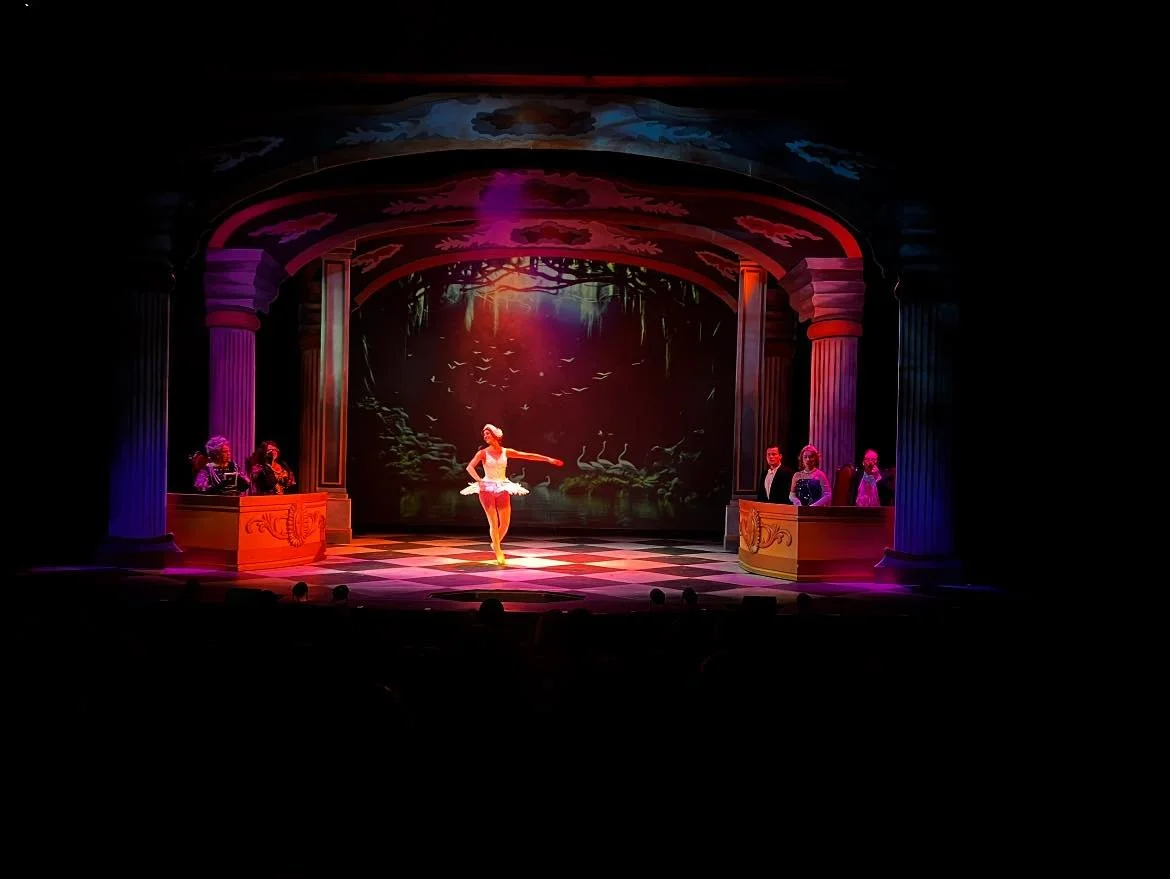 Ballet dancer performing on stage with an audience watching, set designed like a classical theater with columns and a scenic background of trees and birds.
