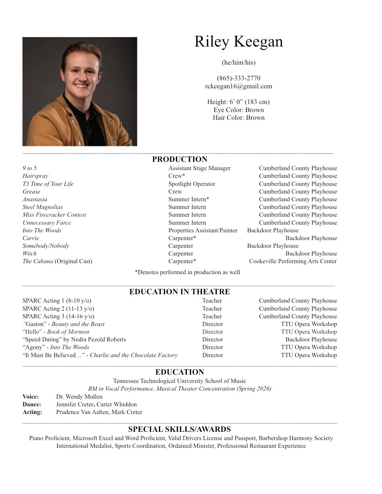 A resume of Riley Keegan featuring a professional headshot, contact information, production experience, education in theatre, additional education in music, and special skills.
