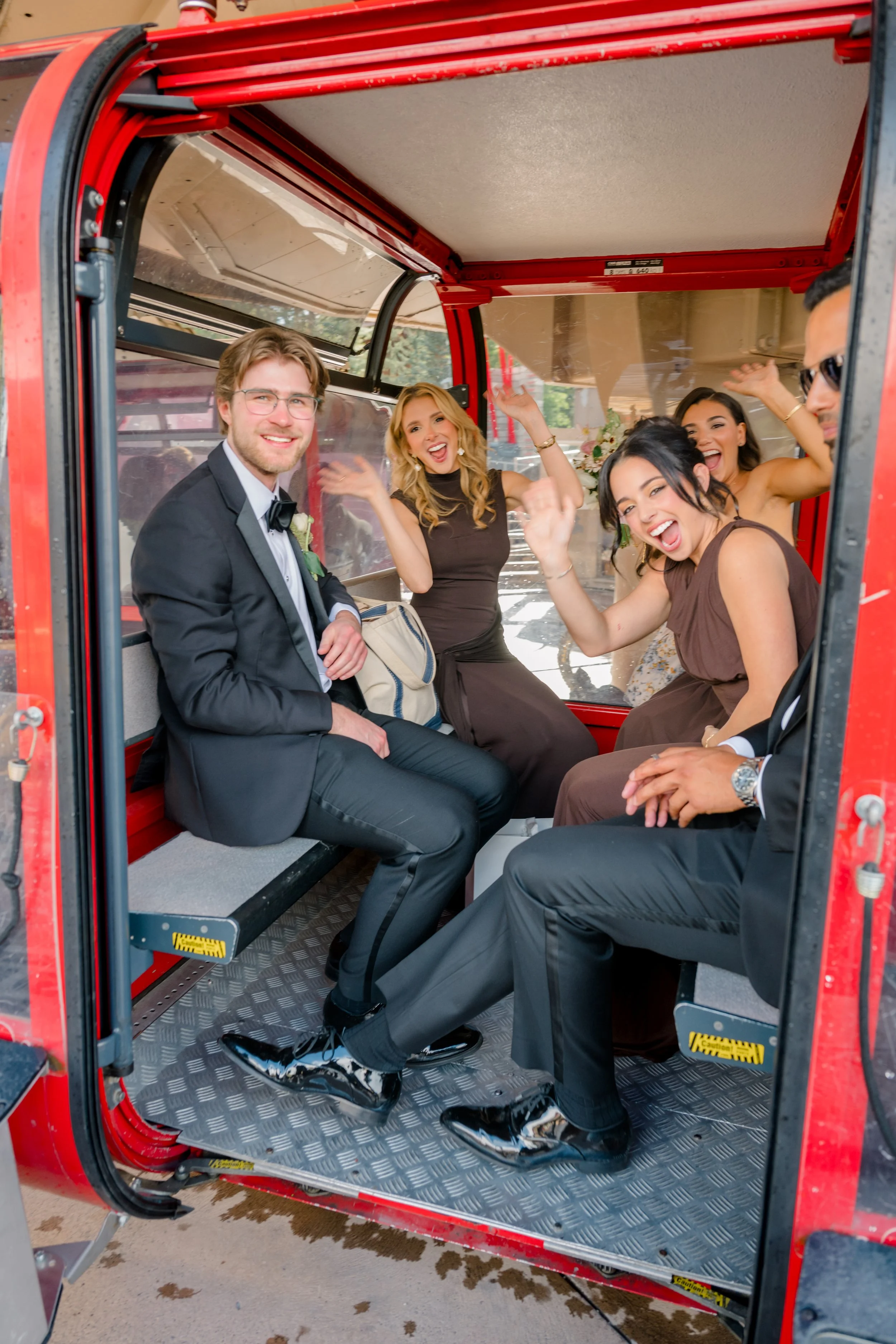 Wedding guests riding the tram at Jackson Hole Mountain Resort