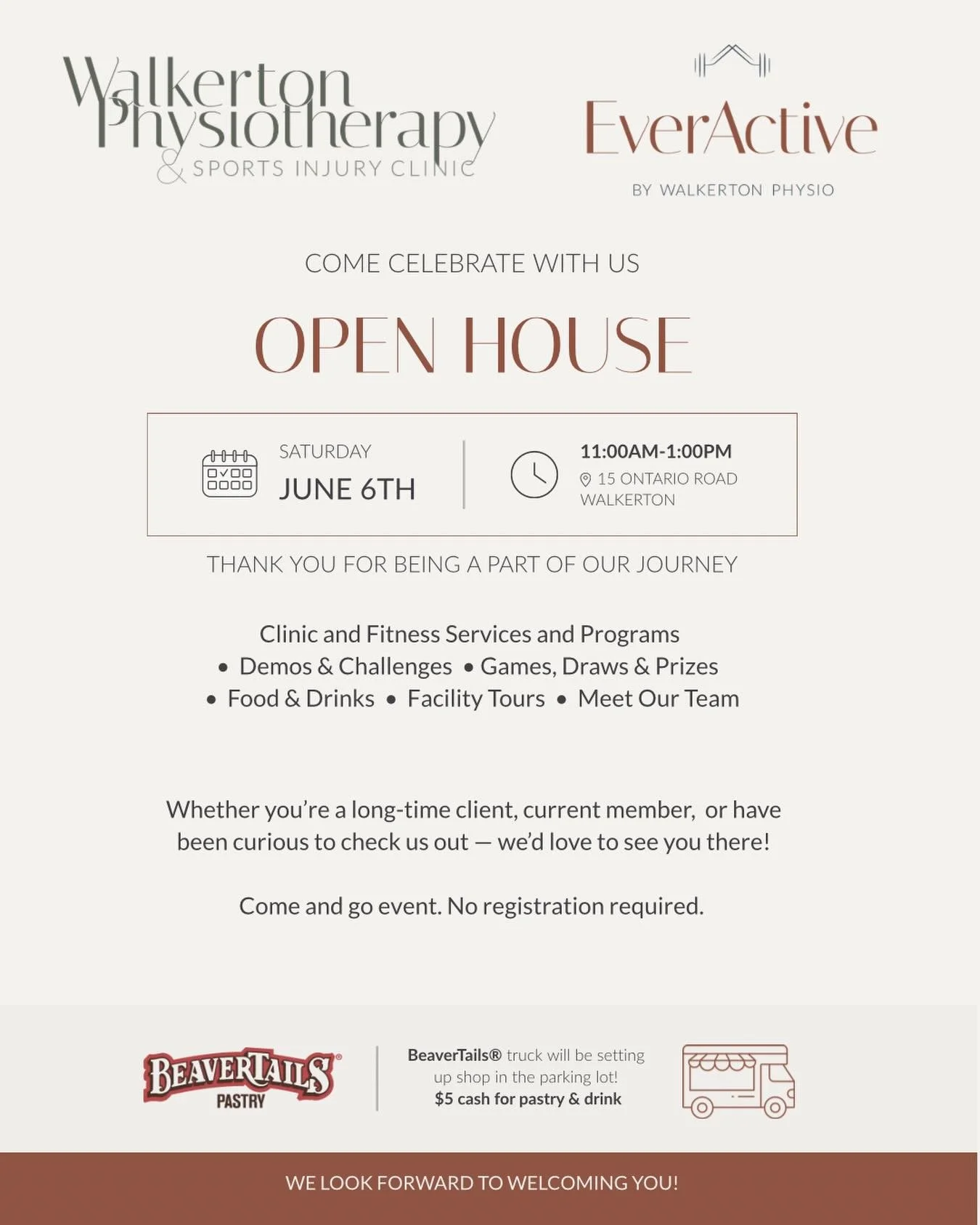 🤎 COME CELEBRATE WITH US 🤎

We&rsquo;re so excited to officially invite you to the Walkerton Physiotherapy &amp; EverActive Open House! Join us on Saturday, June 6th from 11AM&ndash;1PM for a fun afternoon full of movement, community, food, prizes,