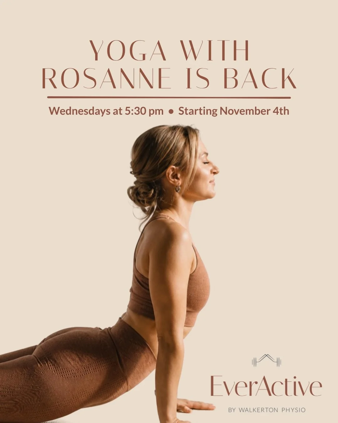 Yoga with Rosanne is back! 🧘&zwj;♀️🤎

Join us Wednesdays at 5:30 PM starting November 4th for a feel-good yoga class designed to help you move, stretch, strengthen, and unwind.

✨ Yoga Class Passes
5 classes &mdash; $90 + HST
10 classes &mdash; $16