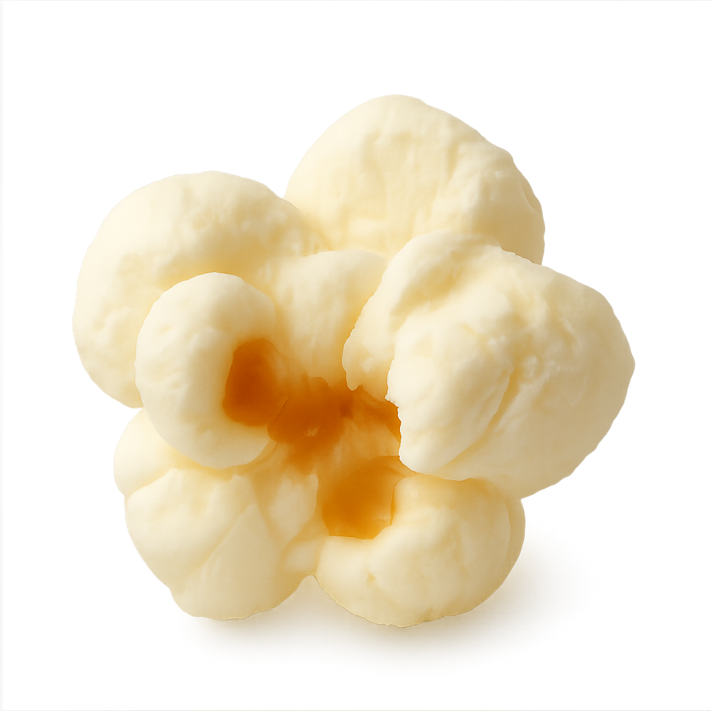 Close-up of a freshly popped piece of caramel popcorn.