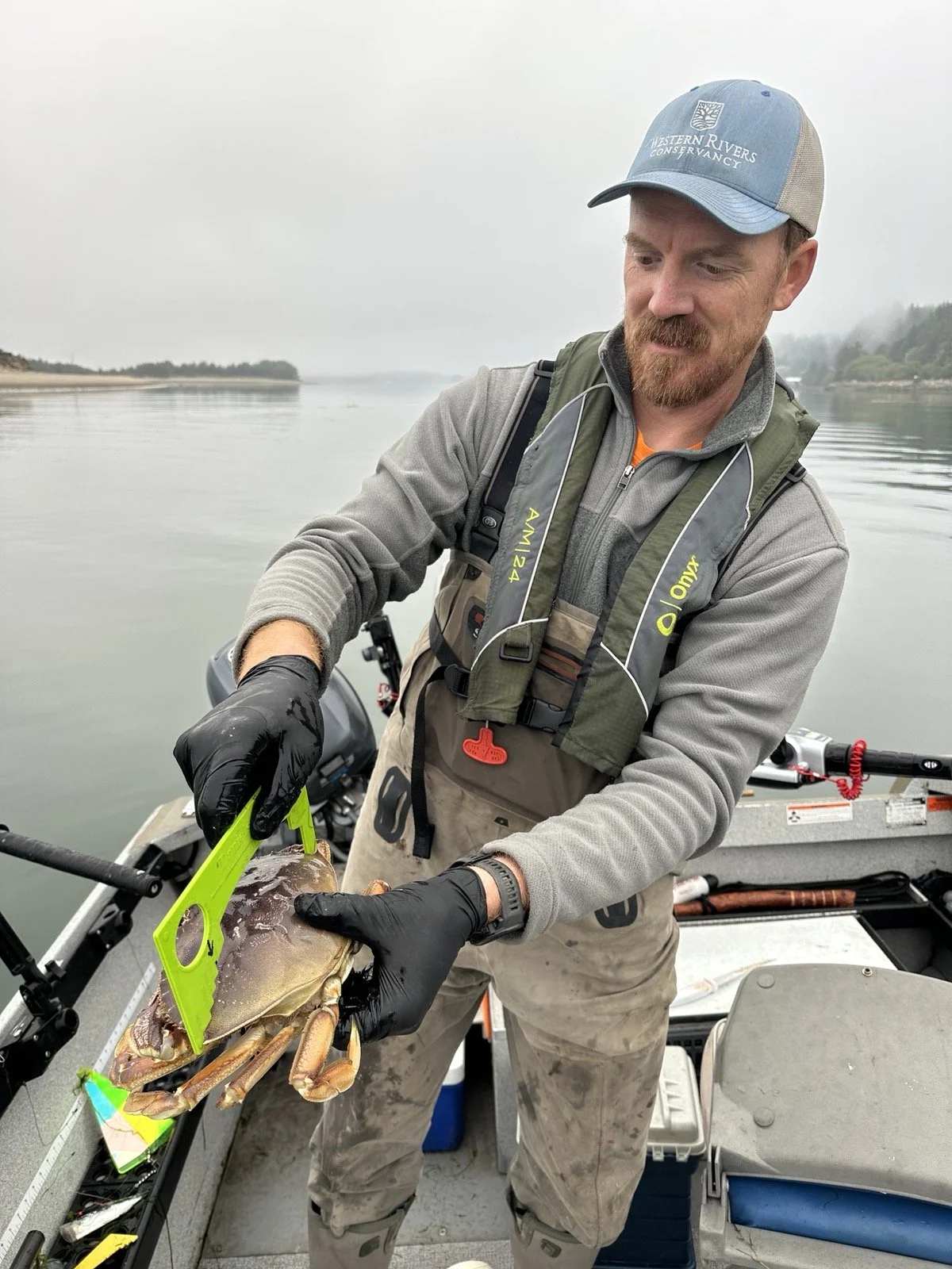 Angler holding a Dungeness crab from a Lower Columbia River crabbing trip
