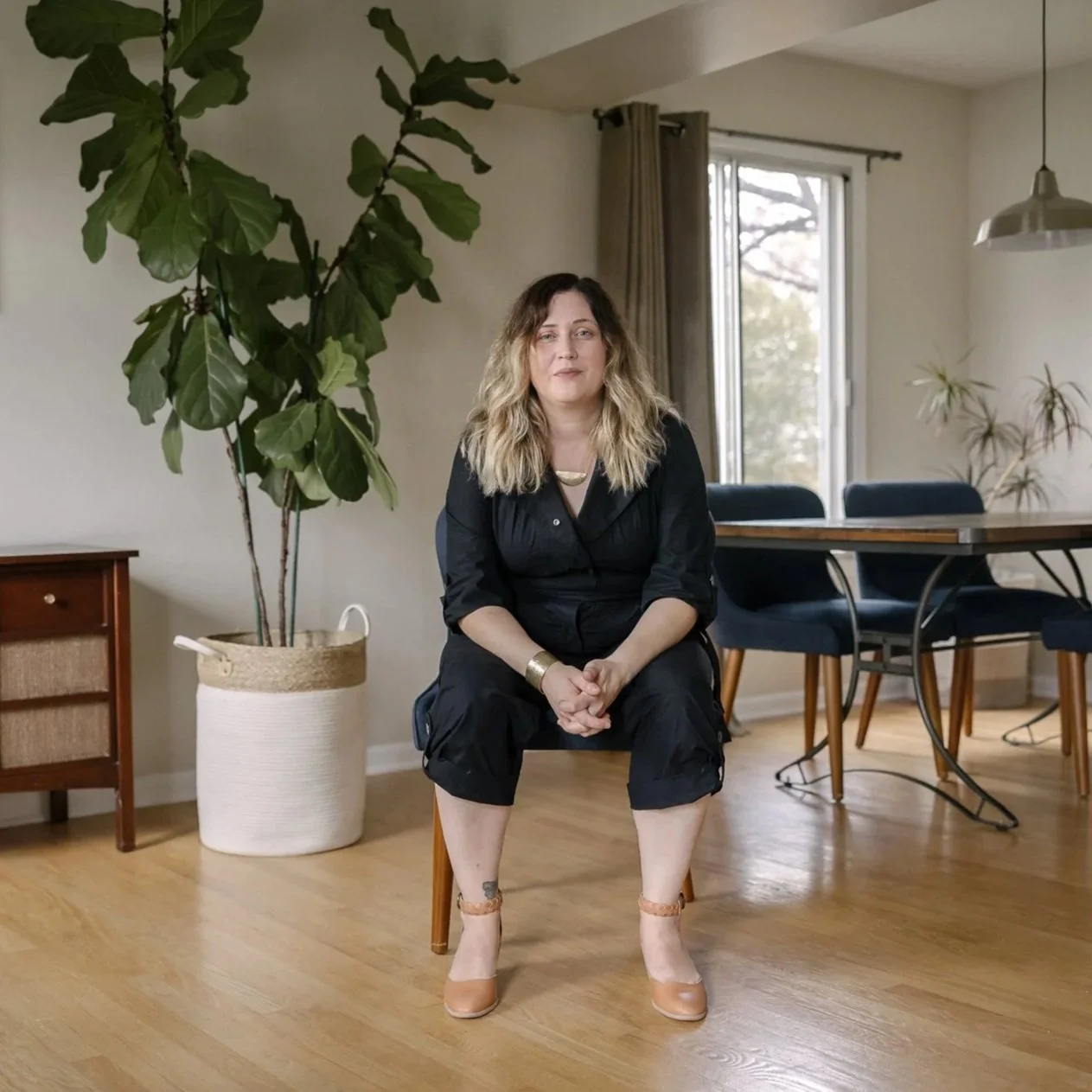 A woman with blonde, wavy hair sitting on a wooden chair in a dining room. She is wearing a black outfit, nude high heels, a gold necklace, and a wide gold bracelet. Behind her is a large green potted plant with broad leaves, a wooden side table, and a dining table with blue chairs. There is a window with curtains letting in natural light and a large white ceiling light. The room has light-colored walls and hardwood flooring.