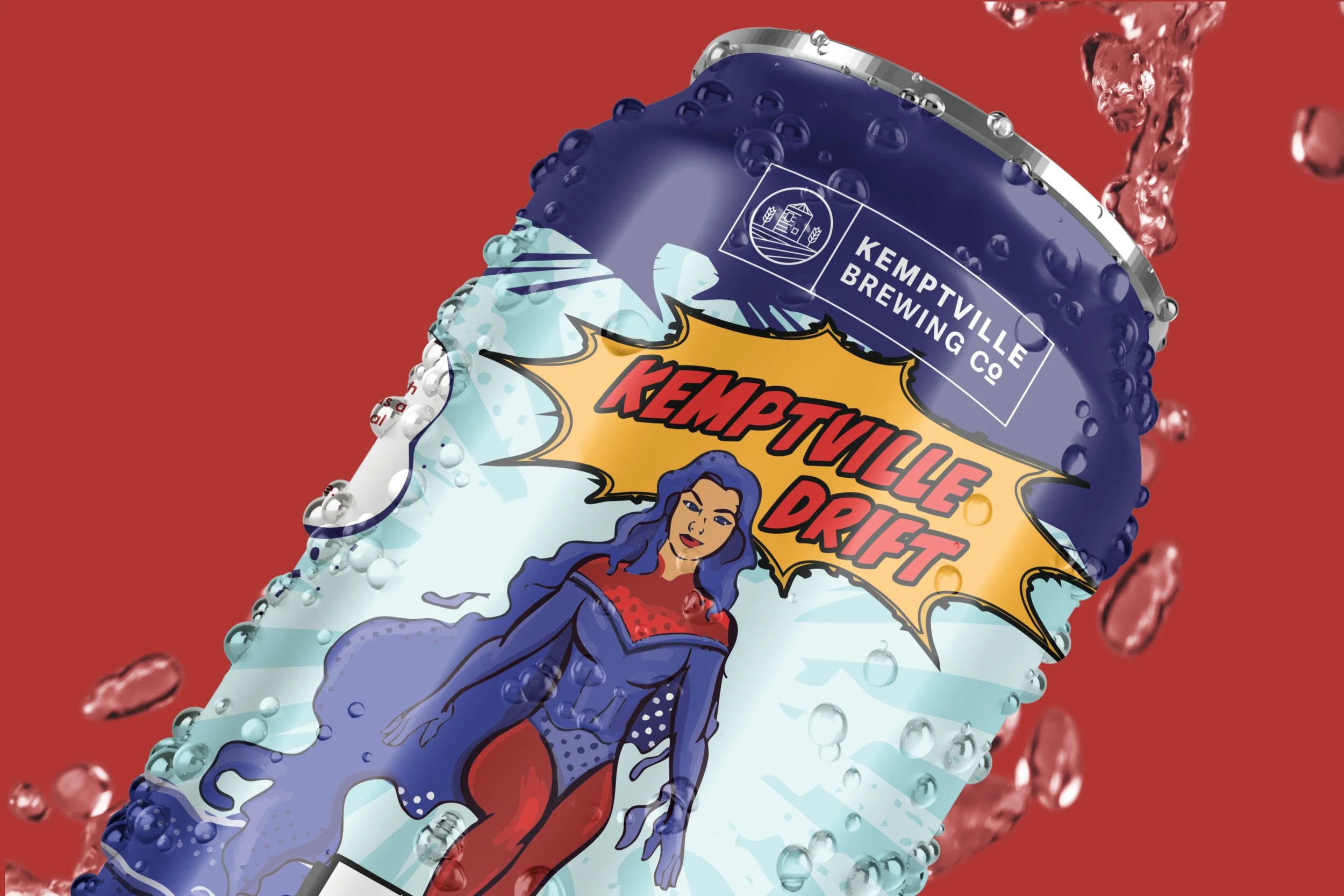 A splash of water with bubbles surrounds a can of Kemptville Drift soda featuring a comic-style illustration of a woman with blue hair, red lips, and a confident pose. The label includes the Kemptville Brewing Co. logo and colorful comic-style text.