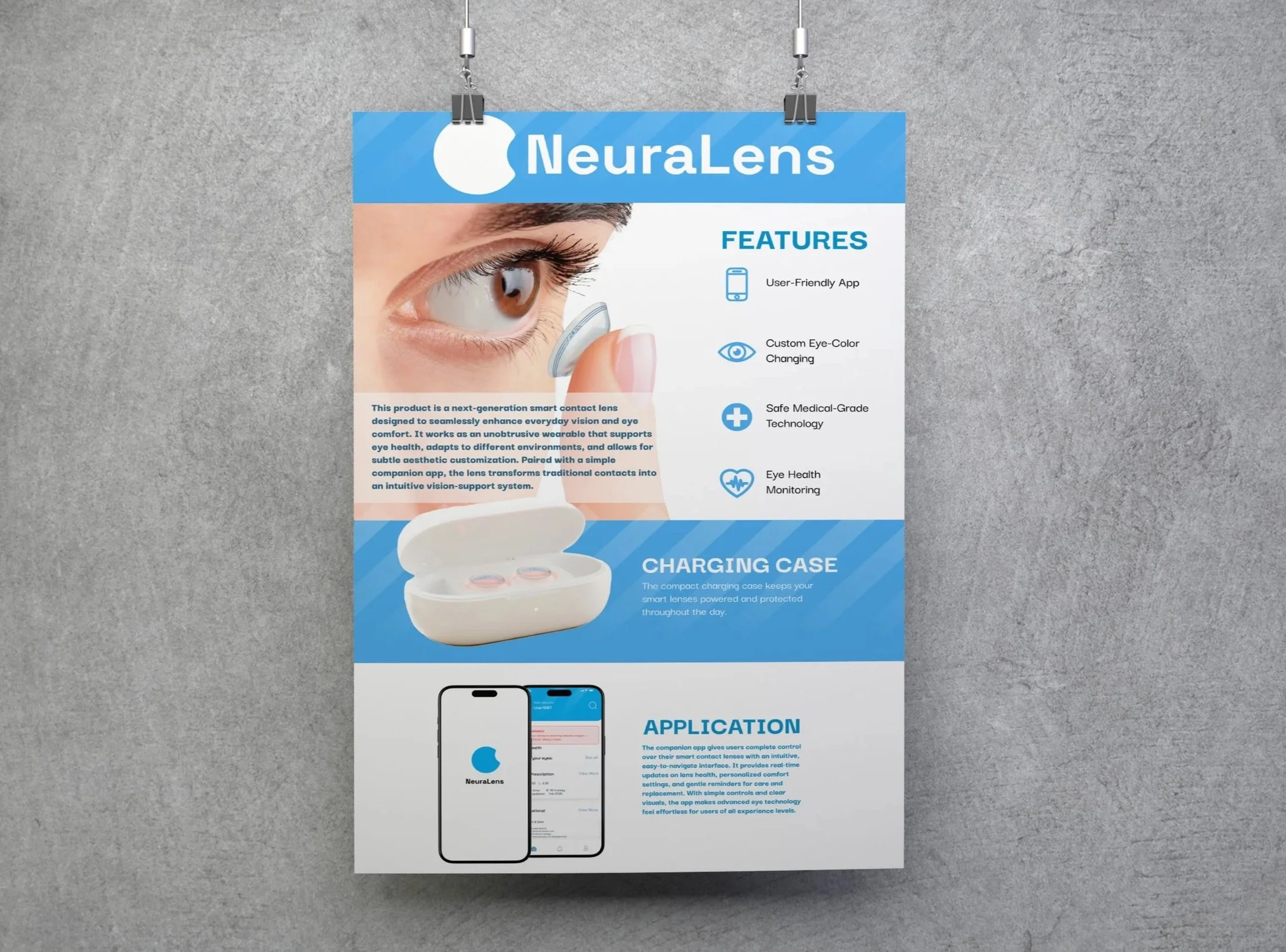 Poster advertising NeuraLens, a smart contact lens with a charging case, featuring eye health benefits and a companion app displayed on a smartphone, with text describing features such as user-friendly app, eye color change, safe technology, and eye health monitoring.