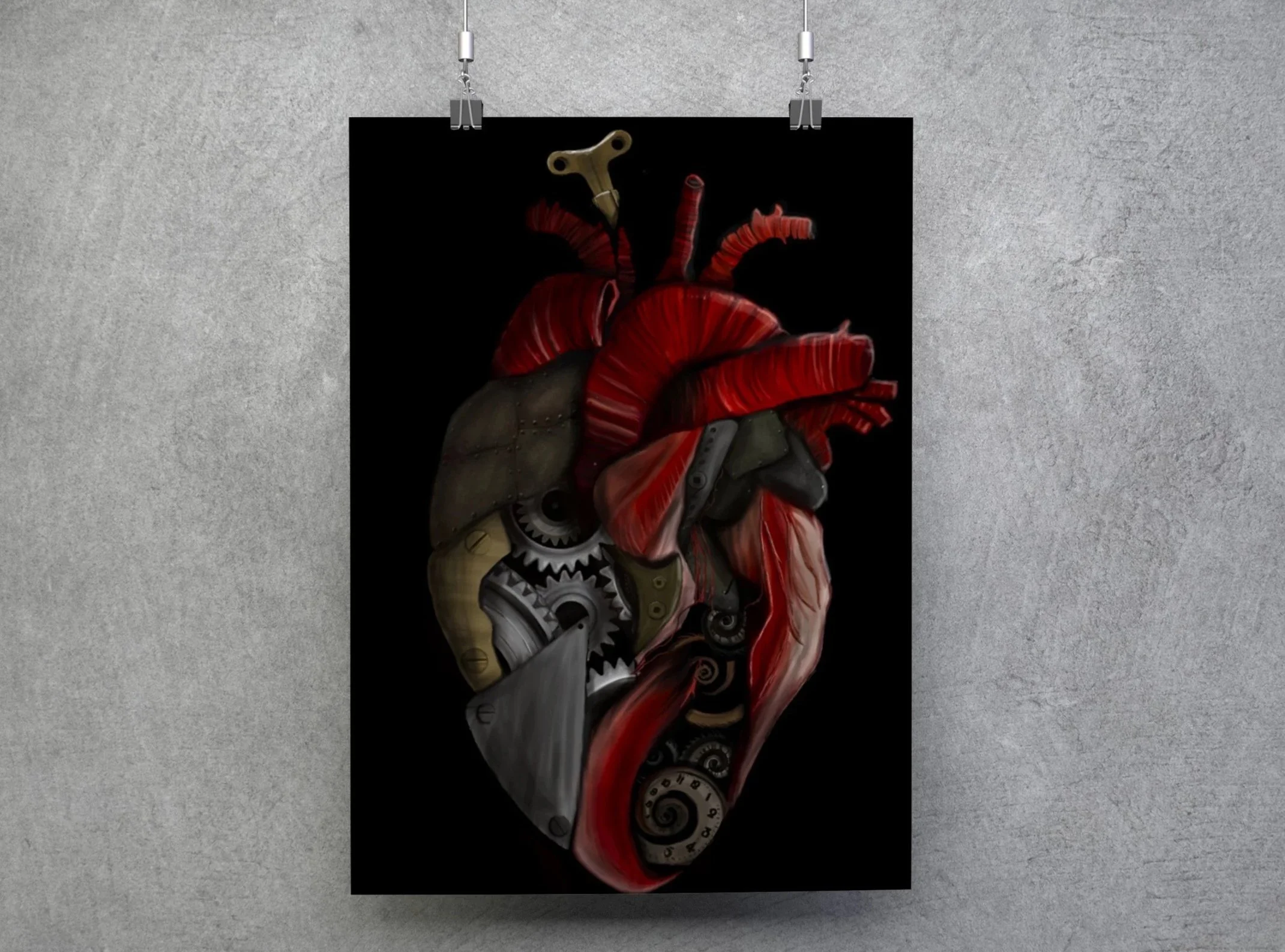 A digital art piece of a human heart combining anatomical parts with mechanical gears and cogs, featuring red coronary arteries on a black background, hanging from clips on a wall.