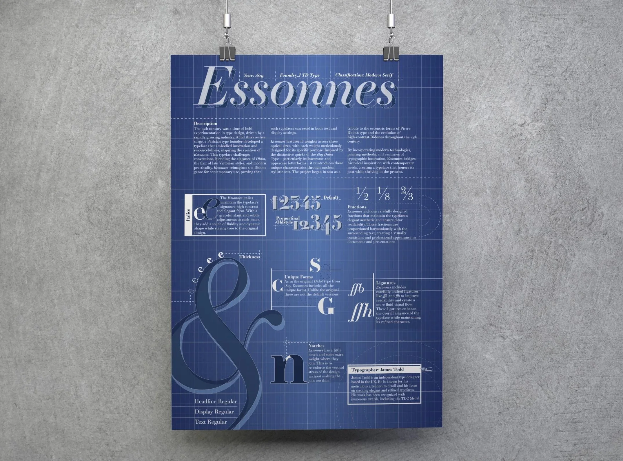 A blue poster with various typography samples and information about fonts, including text about the history, classifications, and features of typefaces, hanging on a gray wall.