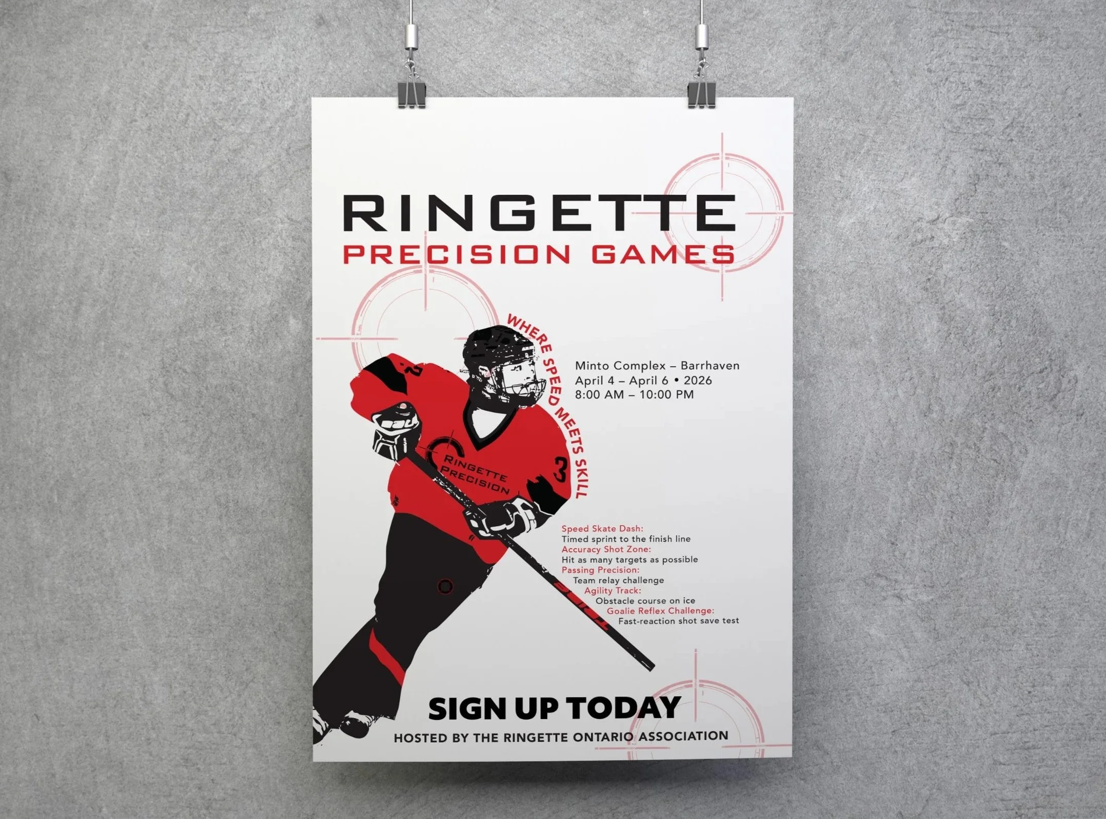 Poster for Ringette Precision Games event, featuring a hockey player holding a stick, with event details including date, location, and activities, and a call to sign up.