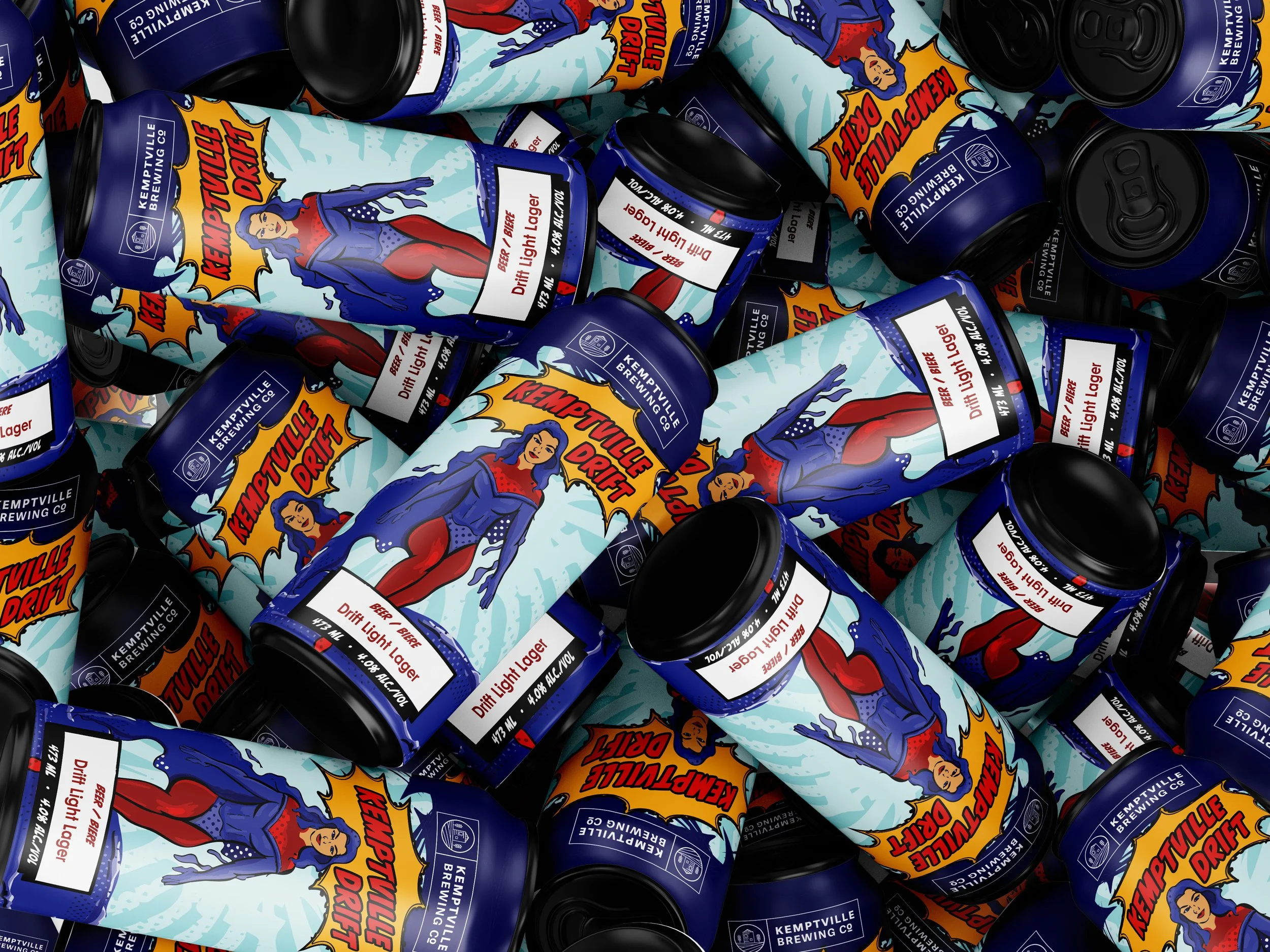 Multiple cans of Kemptville Drift Light Lager by Kemptville Brewing Co, featuring a superhero woman in a blue and red costume on the labels, piled together.