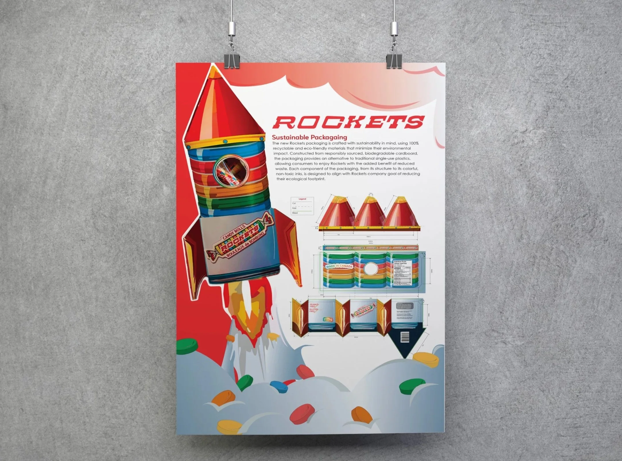 Poster showing a rainbow-colored candy roll shaped like a rocket, surrounded by scattered candies, with technical drawings and packaging details for a product called Rockets