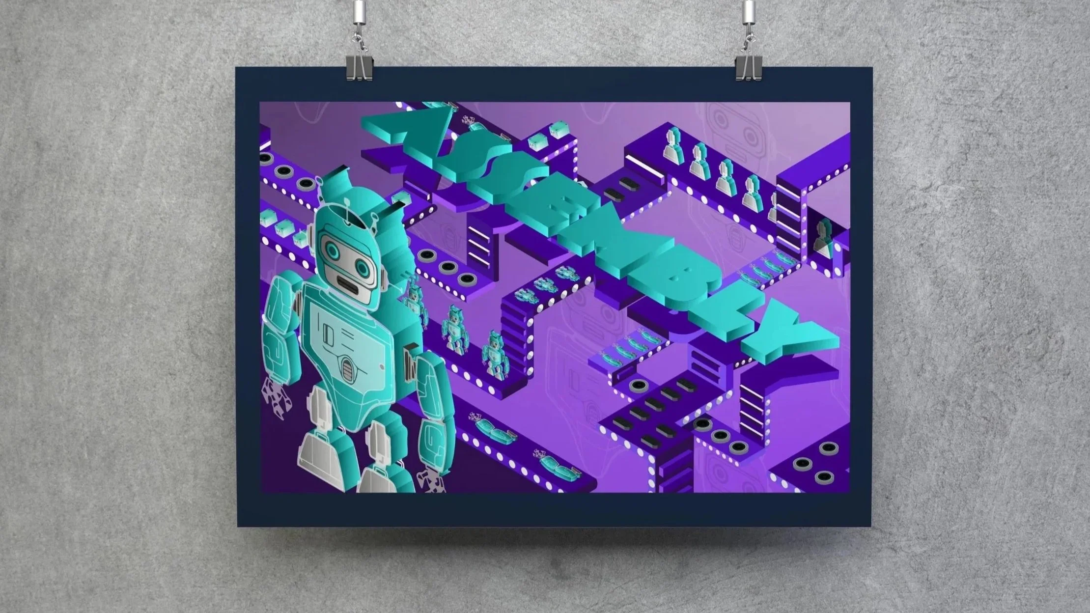 A digital illustration featuring a robot,  set against a purple background with geometric and technological elements.