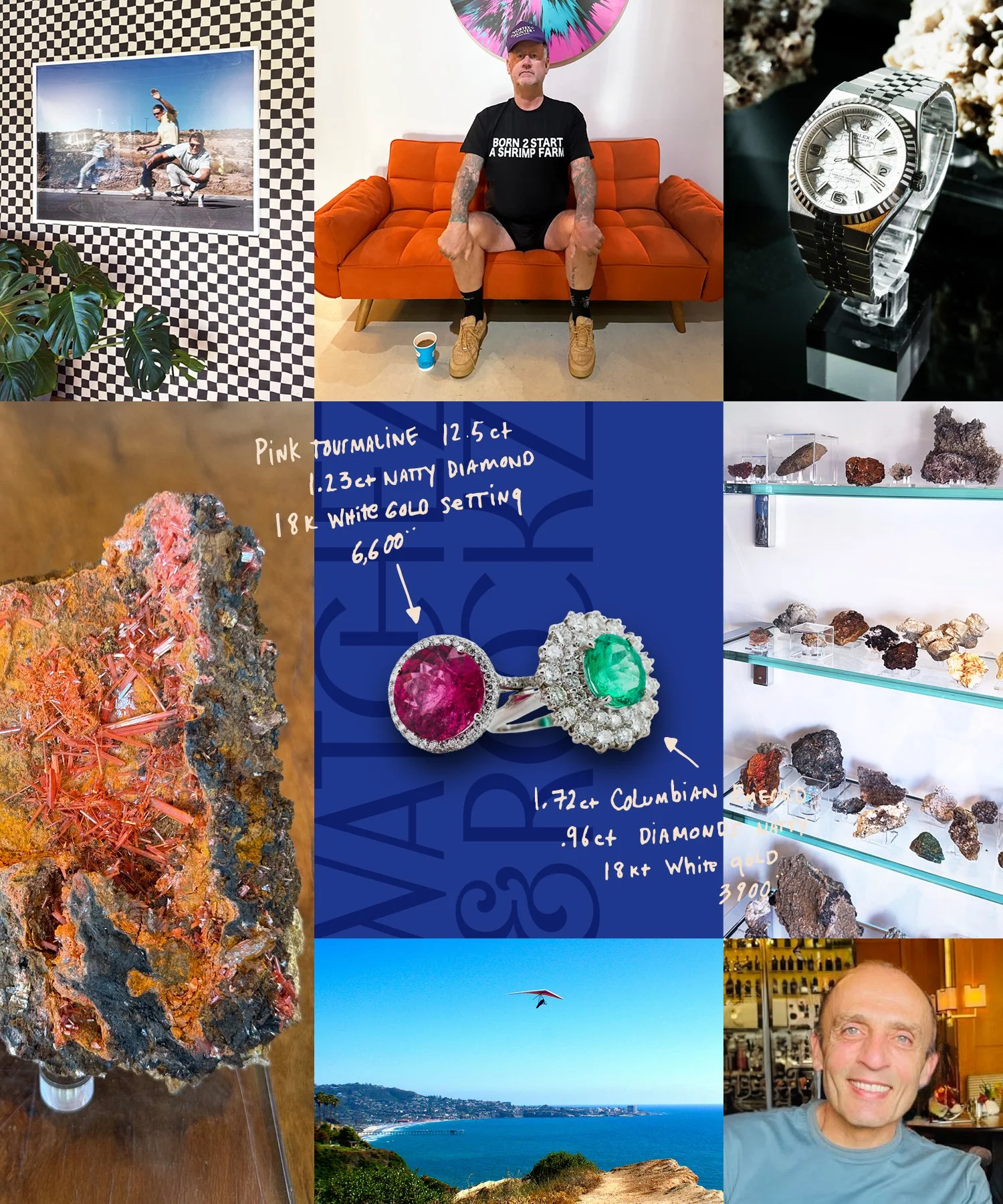 A collage of nine images including an outdoor skateboard photo, a man sitting on an orange sofa, a luxury watch, a close-up of a mineral specimen, a handwritten jewelry description, a display of mineral specimens, a coastal landscape with a hang glider, and a smiling man in a cafe.