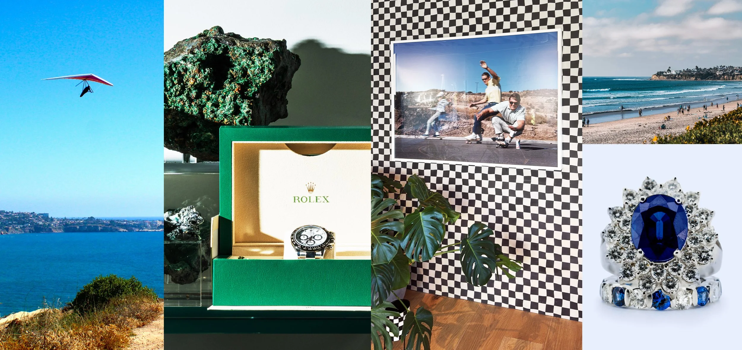 Collage of various images including a person hang gliding over water, a large rock, a Rolex watch in a green box, a roller skating trio on a mural wall, a beach scene, and a close-up of a blue gemstone ring surrounded by diamonds.