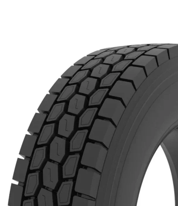 Close-up of a black tire with a detailed tread pattern.