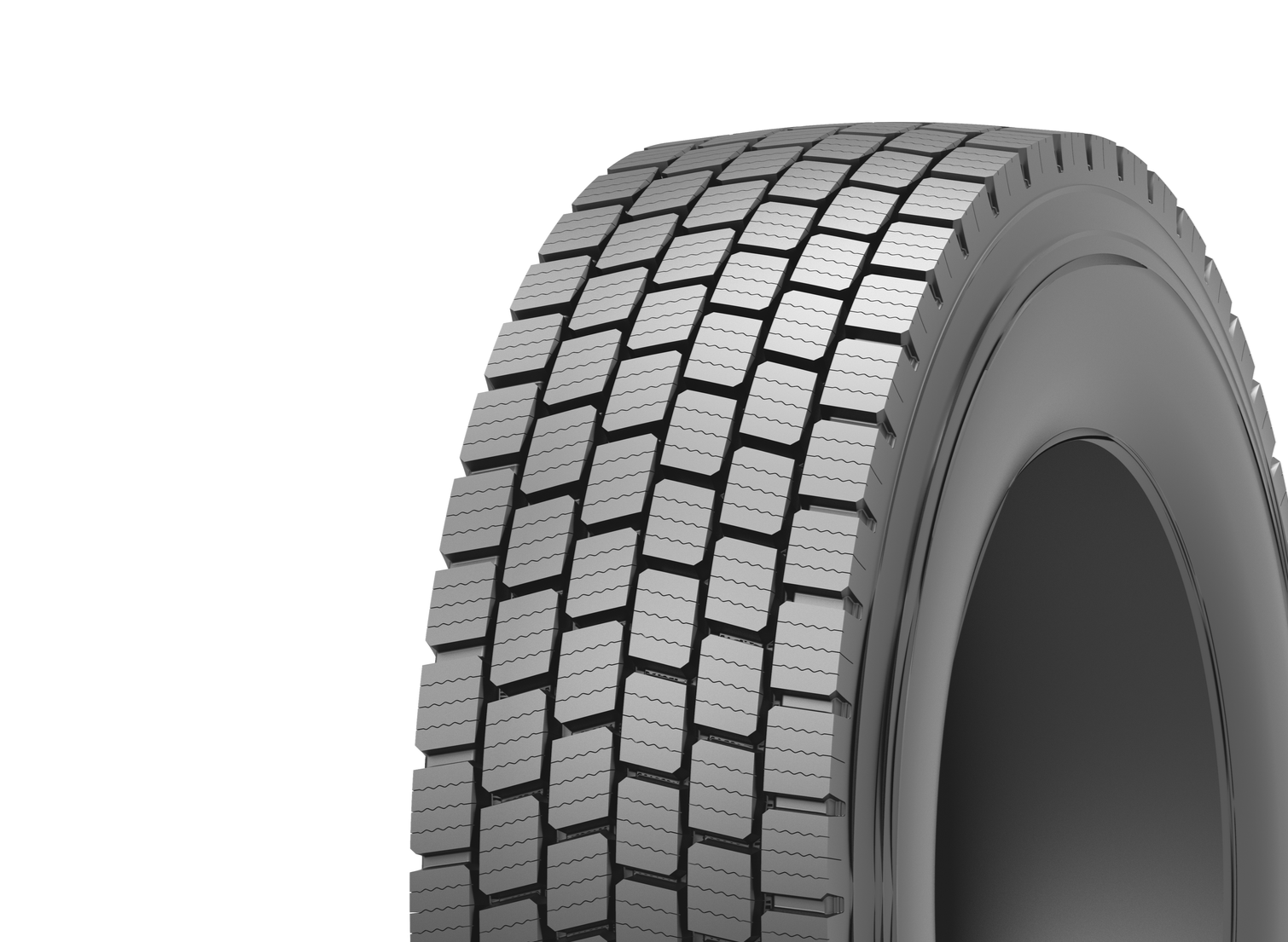 Close-up view of a large industrial tire with tread pattern visible, positioned on a plain white background.