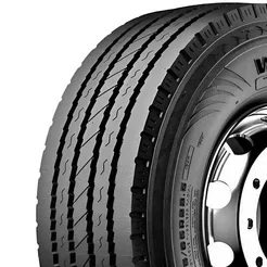 Close-up of a black commercial truck tire with visible tread pattern.