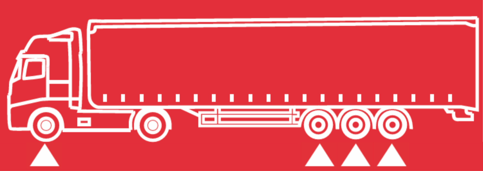 Line drawing of a semi-truck on a red background with white outlines and four white cones underneath.