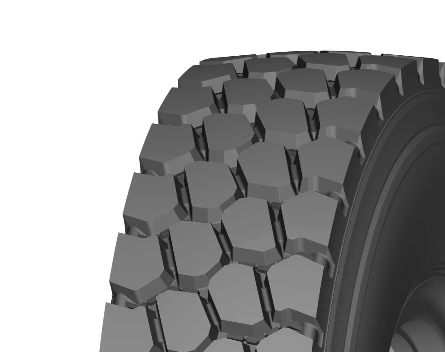 Windpower Pro DC71 Drive Tyre. Close-up of a large, rugged tire with a deep, hexagonal tread pattern.