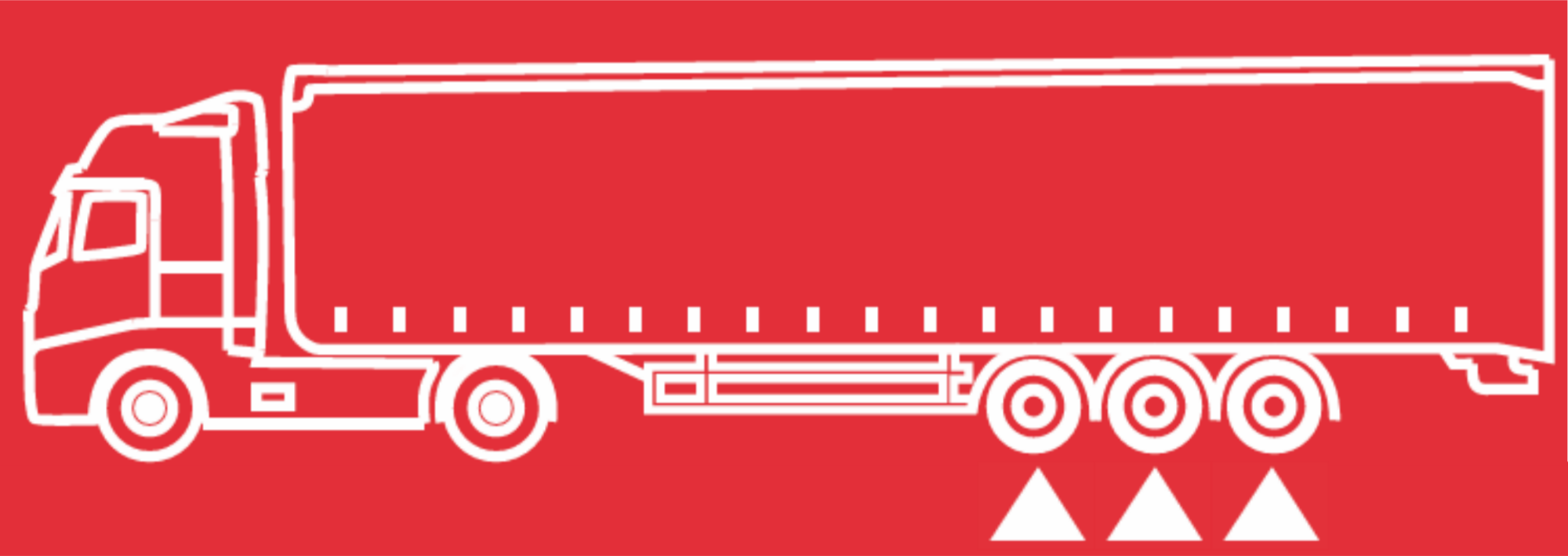 Diagram of Truck Trailer Tyres Position. Outline drawing of a red semi-truck with a cargo trailer, positioned above three white traffic cones on a red background.