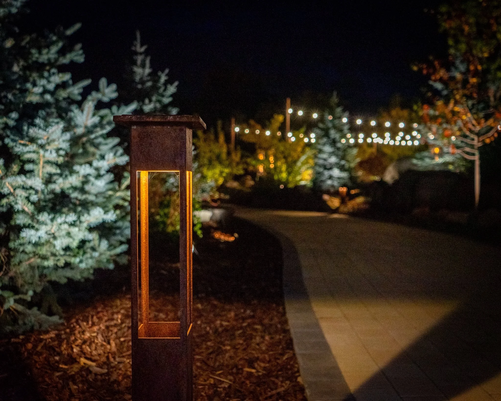 Night scene featuring a decorative light post along a curved pathway, with trees and string lights in the background.