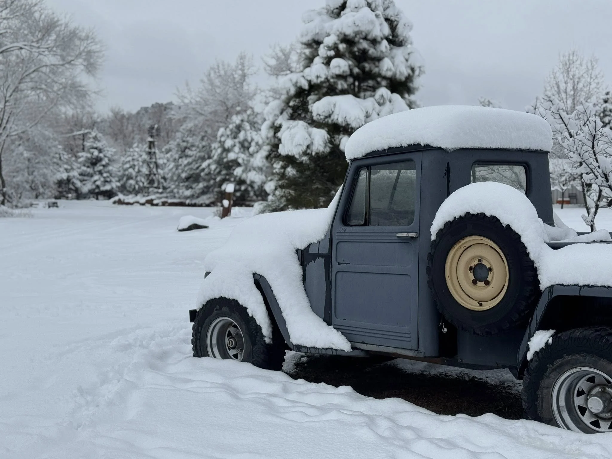 An old gray vintage car covered in snow, parked in a snow-covered landscape with snow-laden trees in the background.