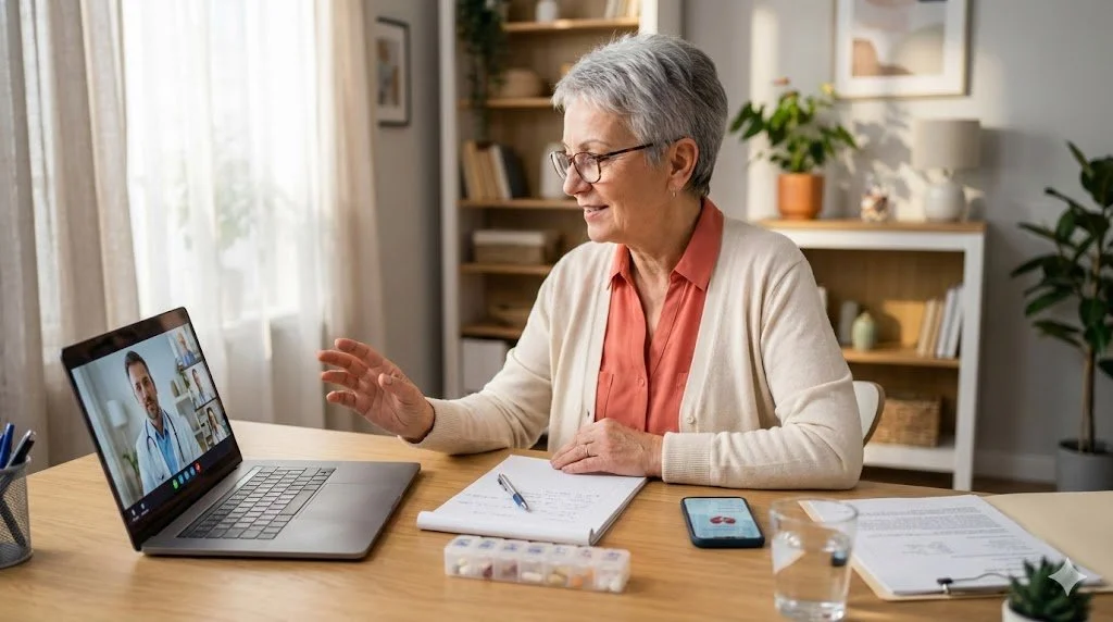 enior woman having organized telehealth consultation with  doctor from bright home office, taking notes with medical records and  health tracking tools visible on desk
