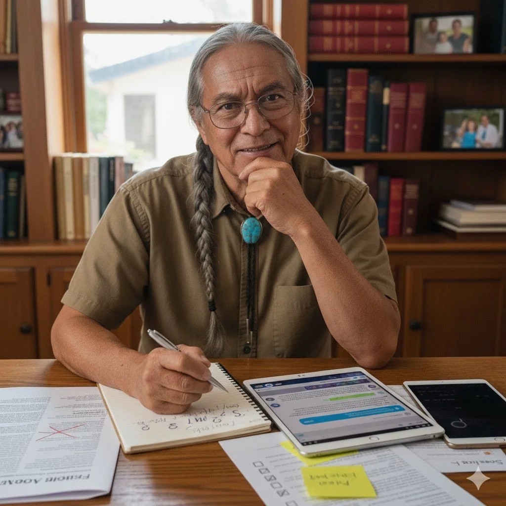 Senior man thoughtfully evaluating materials and tablet at desk, demonstrating strategic decision-making and careful analysis
