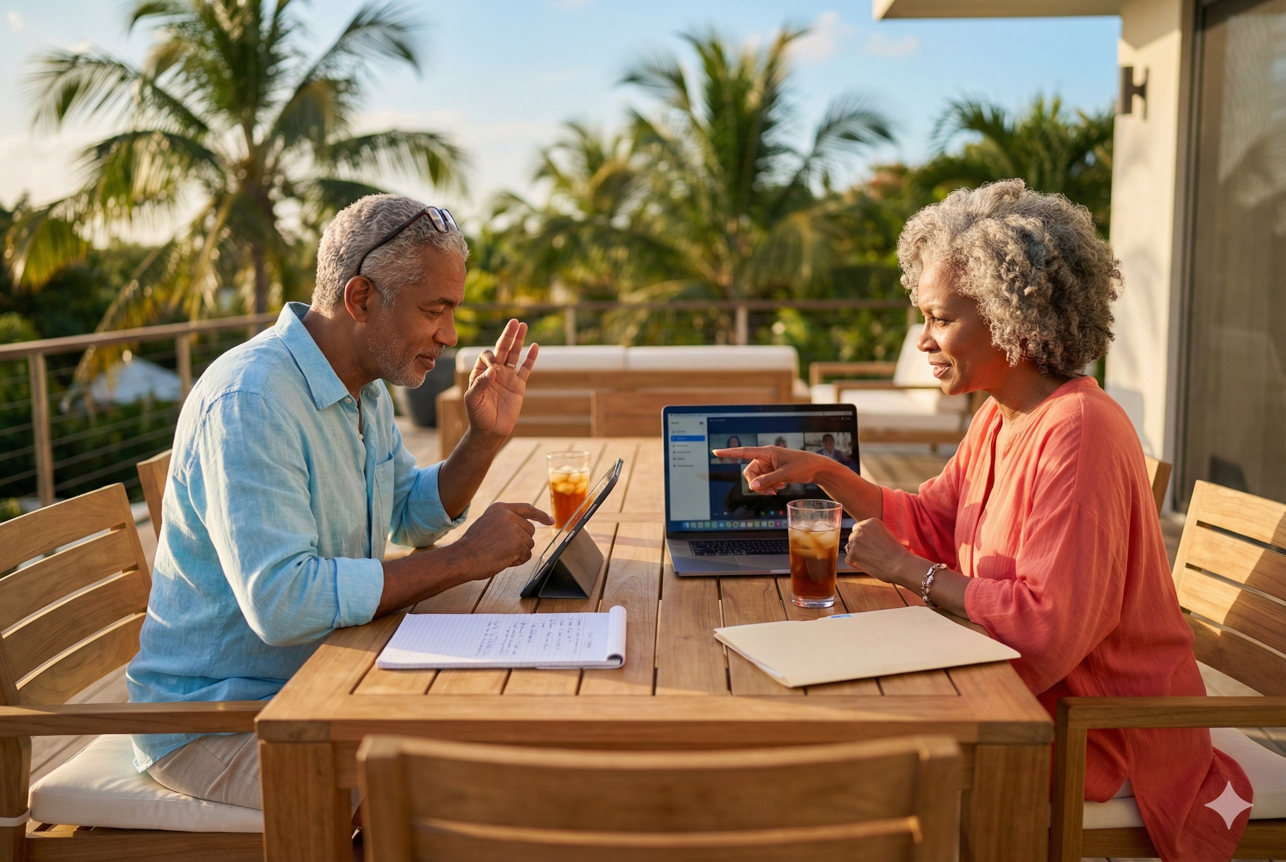Senior couple on outdoor deck in warm climate confidently coordinating planning across laptop and tablet devices while taking notes and discussing strategy